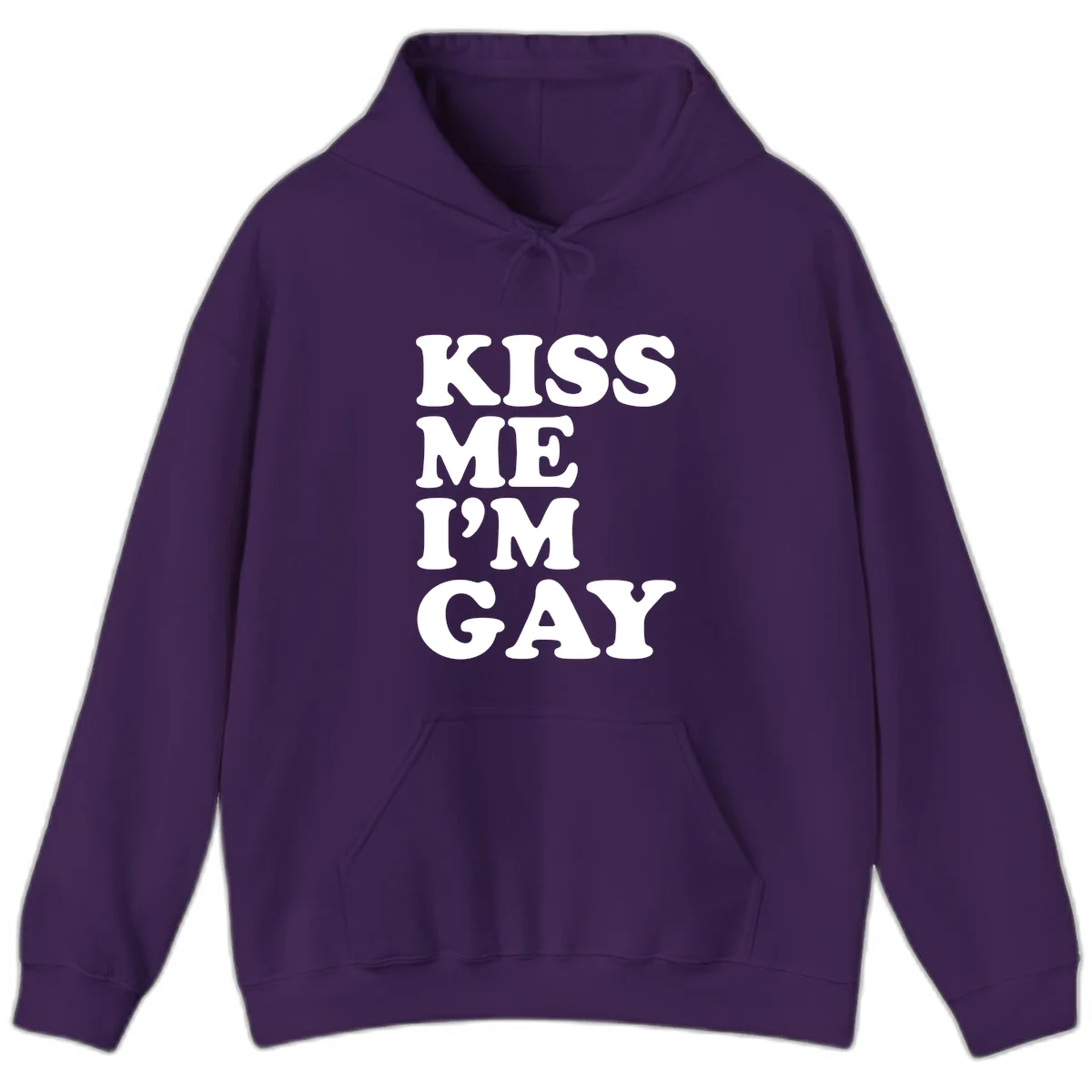 Bold white block letters spelling 'KISS ME I'M GAY' stacked vertically on gray background in Purple