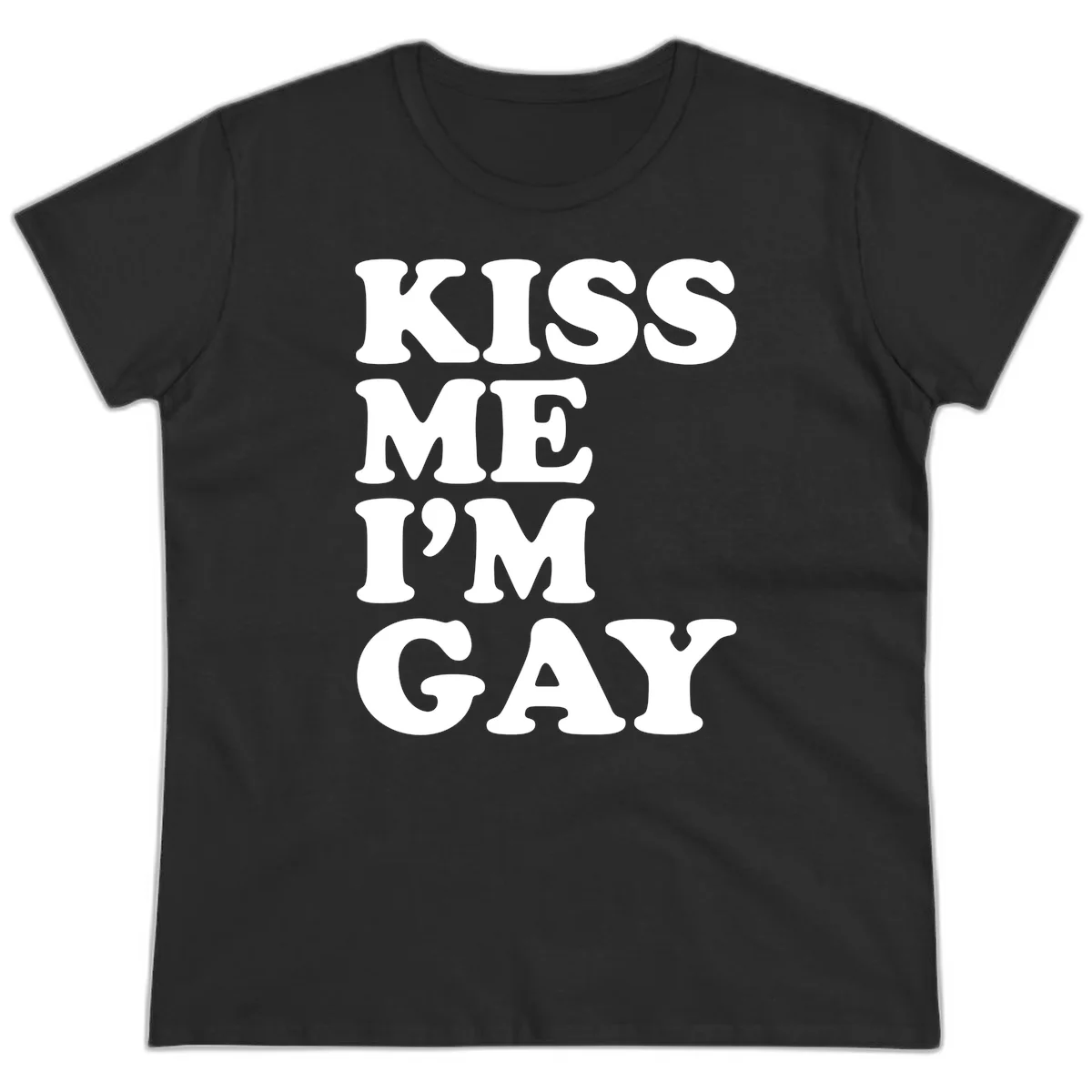 Bold white block letters spelling 'KISS ME I'M GAY' stacked vertically on gray background in Black
