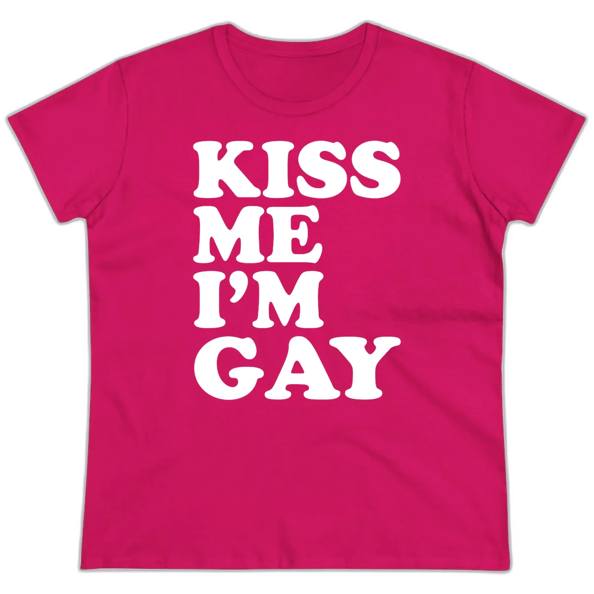 Bold white block letters spelling 'KISS ME I'M GAY' stacked vertically on gray background in Heliconia