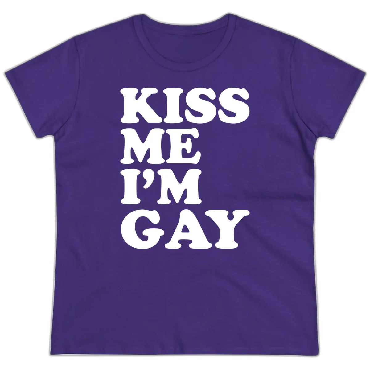 Bold white block letters spelling 'KISS ME I'M GAY' stacked vertically on gray background in Purple