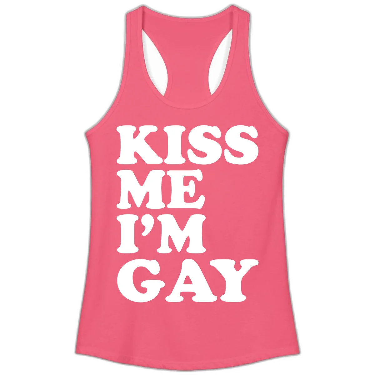 Bold white block letters spelling 'KISS ME I'M GAY' stacked vertically on gray background in Hot Pink