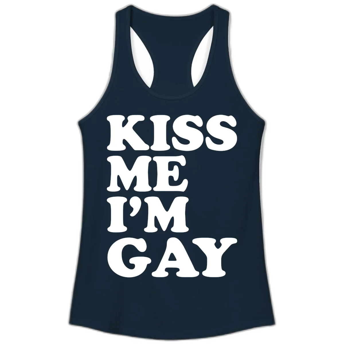 Bold white block letters spelling 'KISS ME I'M GAY' stacked vertically on gray background in Solid Midnight Navy