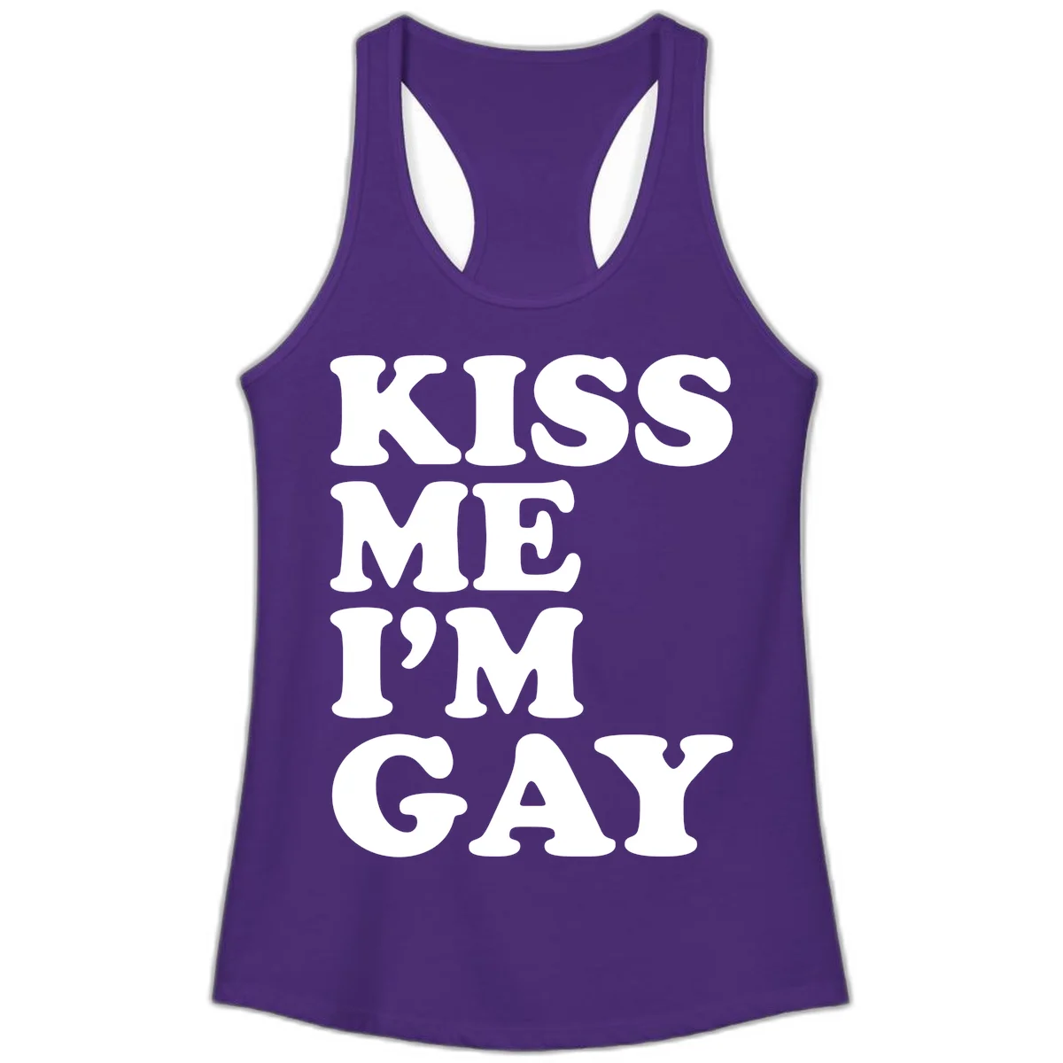 Bold white block letters spelling 'KISS ME I'M GAY' stacked vertically on gray background in Solid Purple Rush