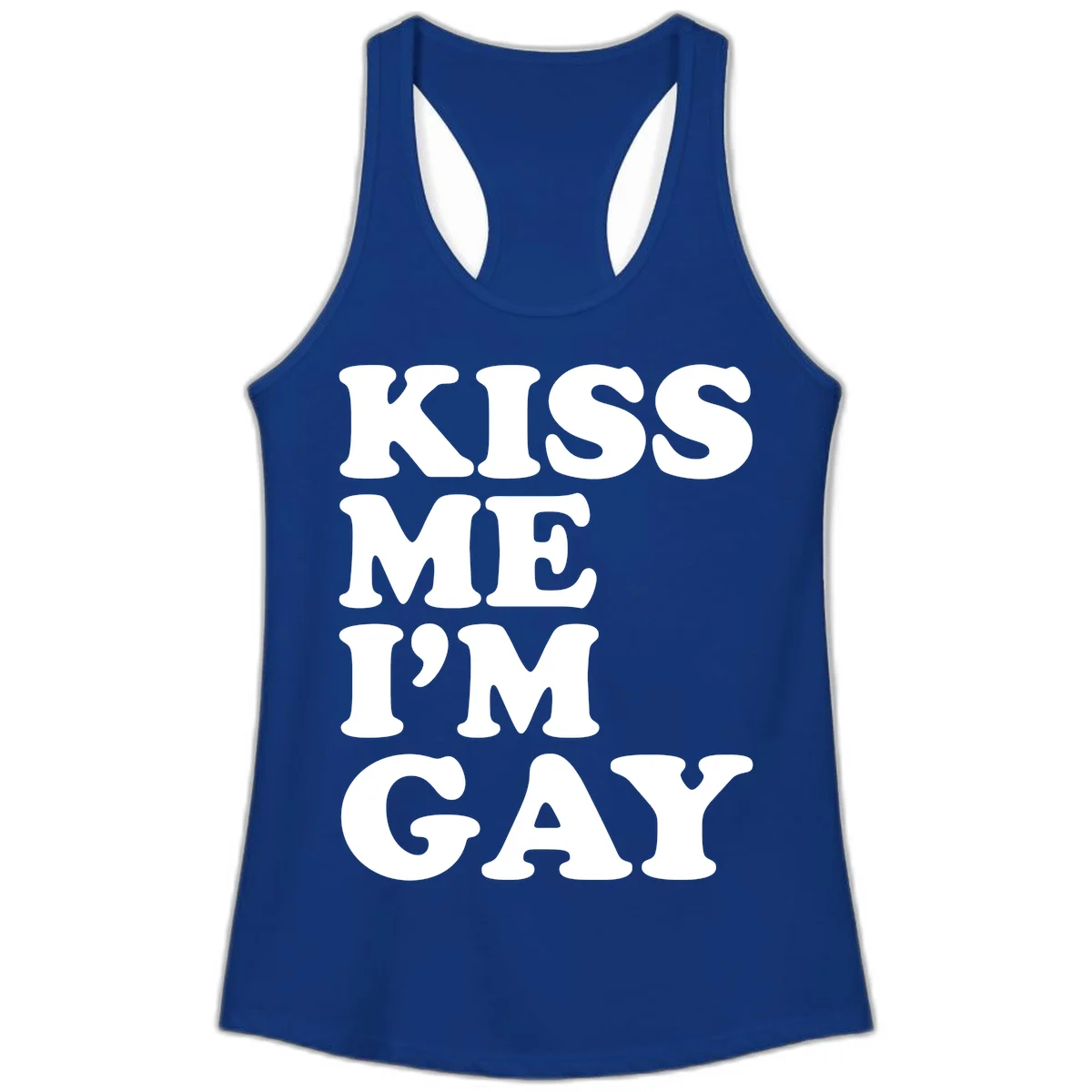 Bold white block letters spelling 'KISS ME I'M GAY' stacked vertically on gray background in Solid Royal