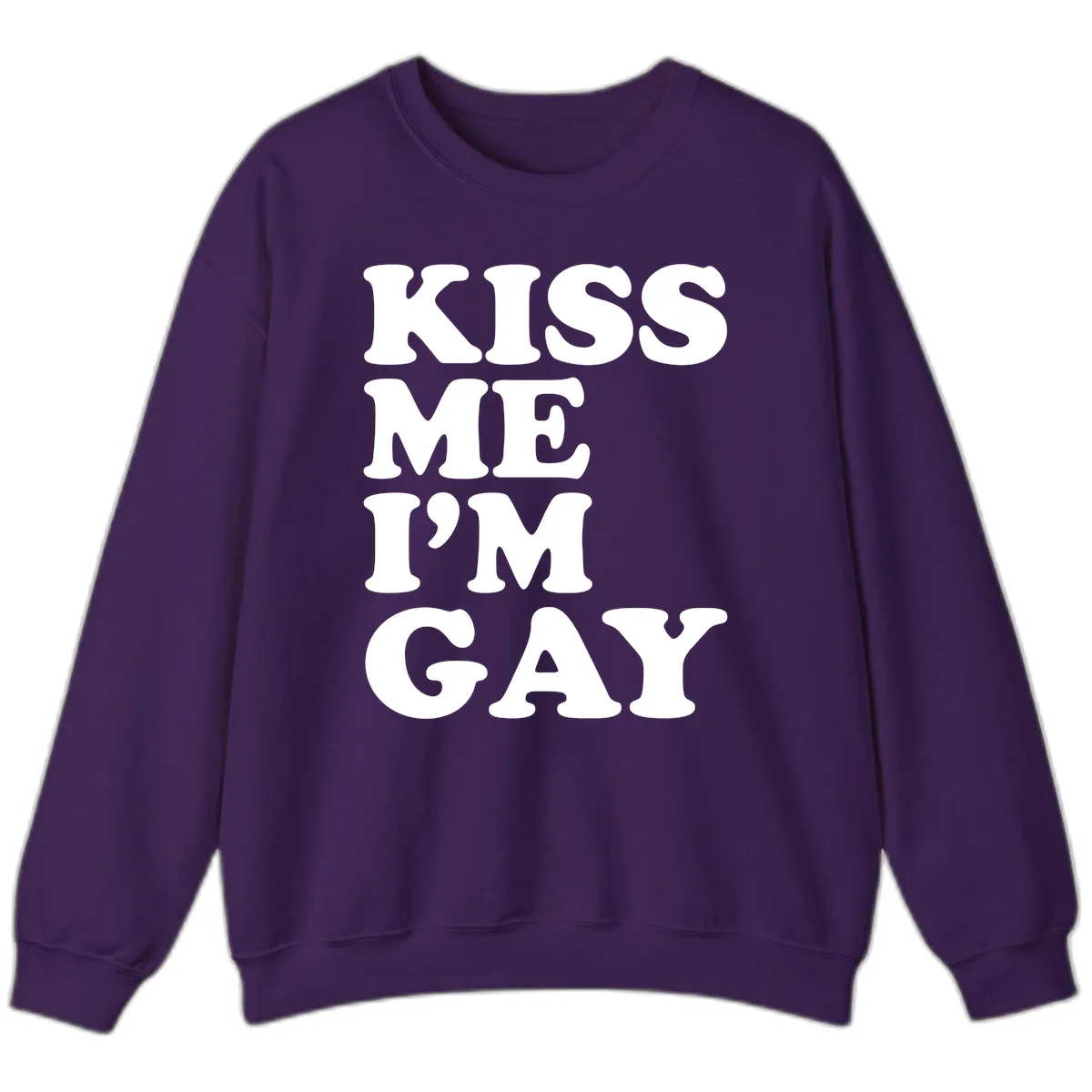 Bold white block letters spelling 'KISS ME I'M GAY' stacked vertically on gray background in Purple