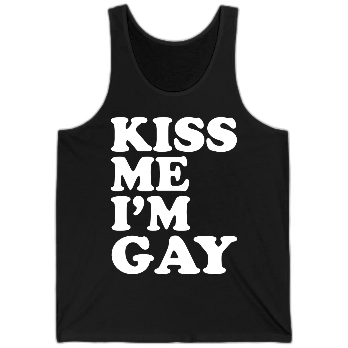 Bold white block letters spelling 'KISS ME I'M GAY' stacked vertically on gray background in Black
