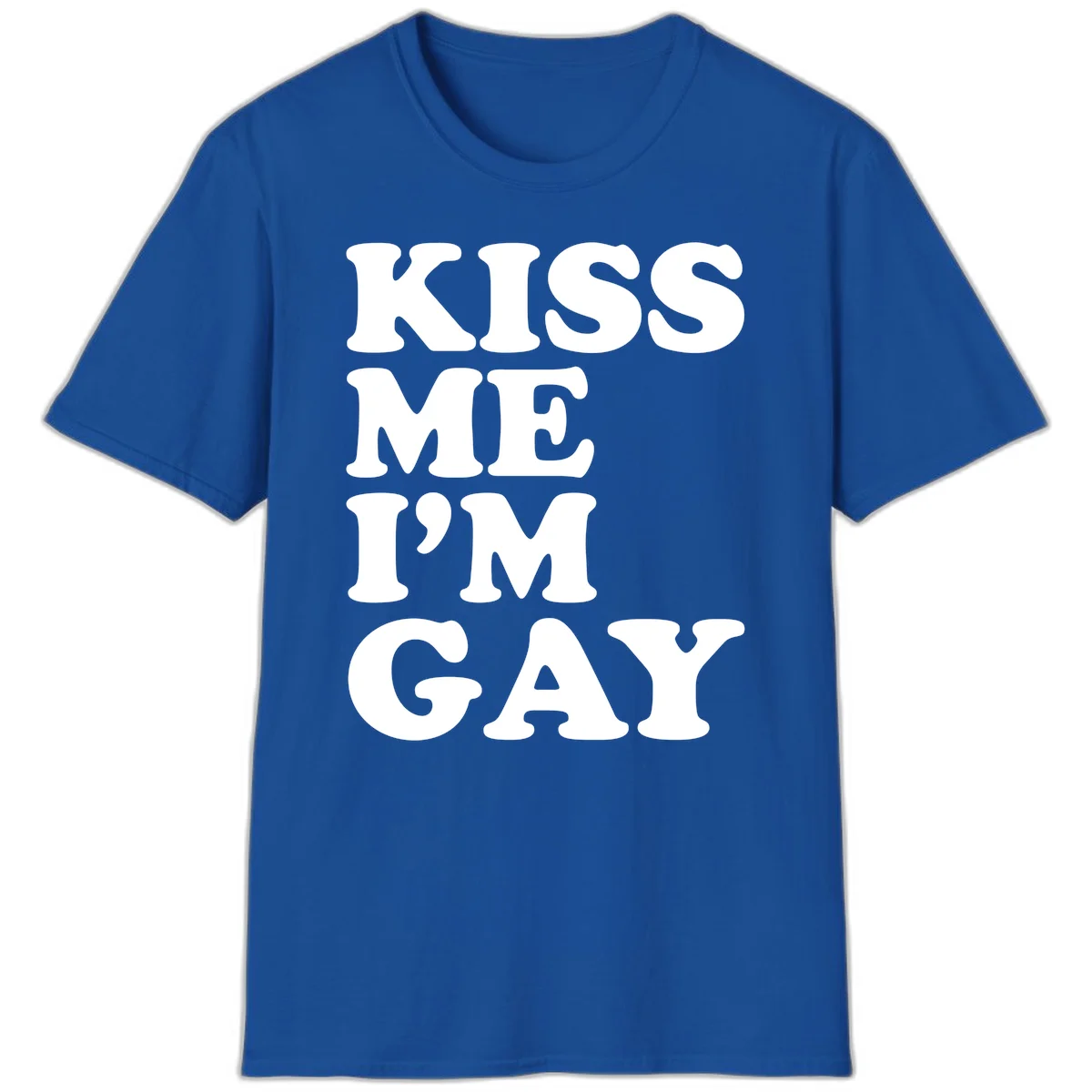 Bold white block letters spelling 'KISS ME I'M GAY' stacked vertically on gray background in Royal