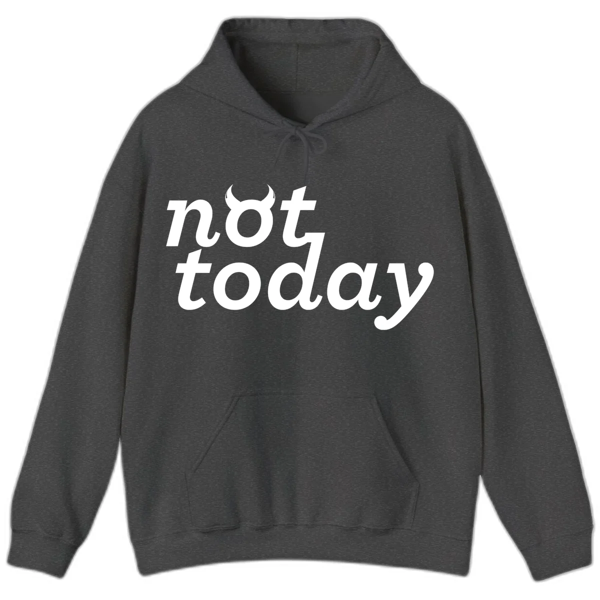 White text reading 'not toddaly' with devil horns above on gray background, playful typography design in Dark Heather