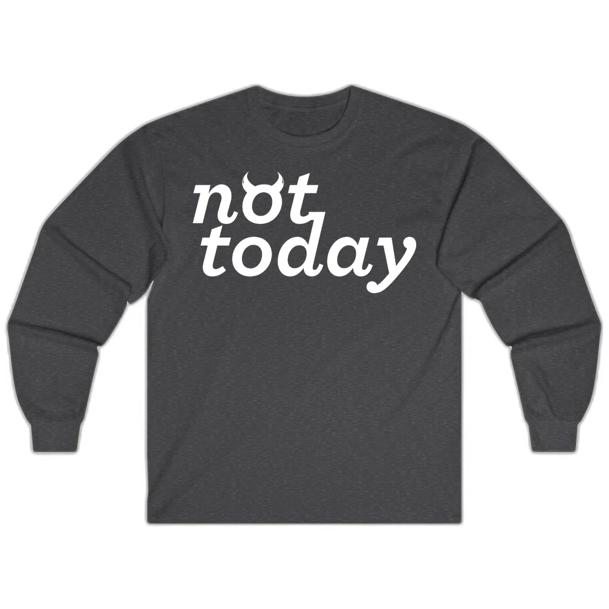 White text reading 'not toddaly' with devil horns above on gray background, playful typography design in Dark Heather