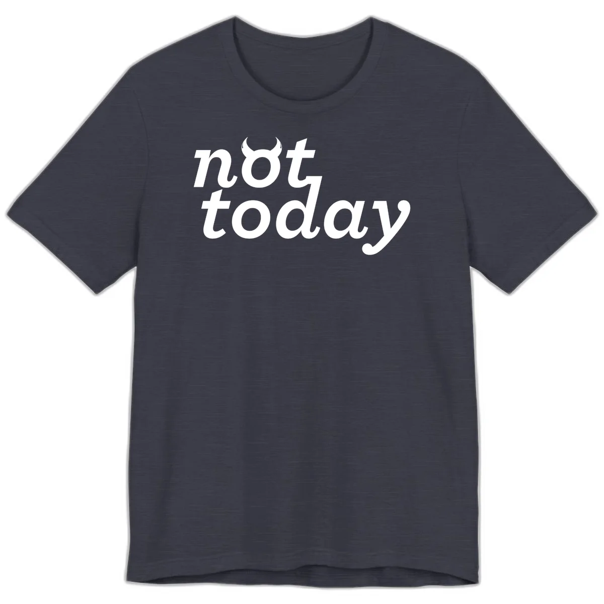 White text reading 'not toddaly' with devil horns above on gray background, playful typography design in Heather Midnight Navy