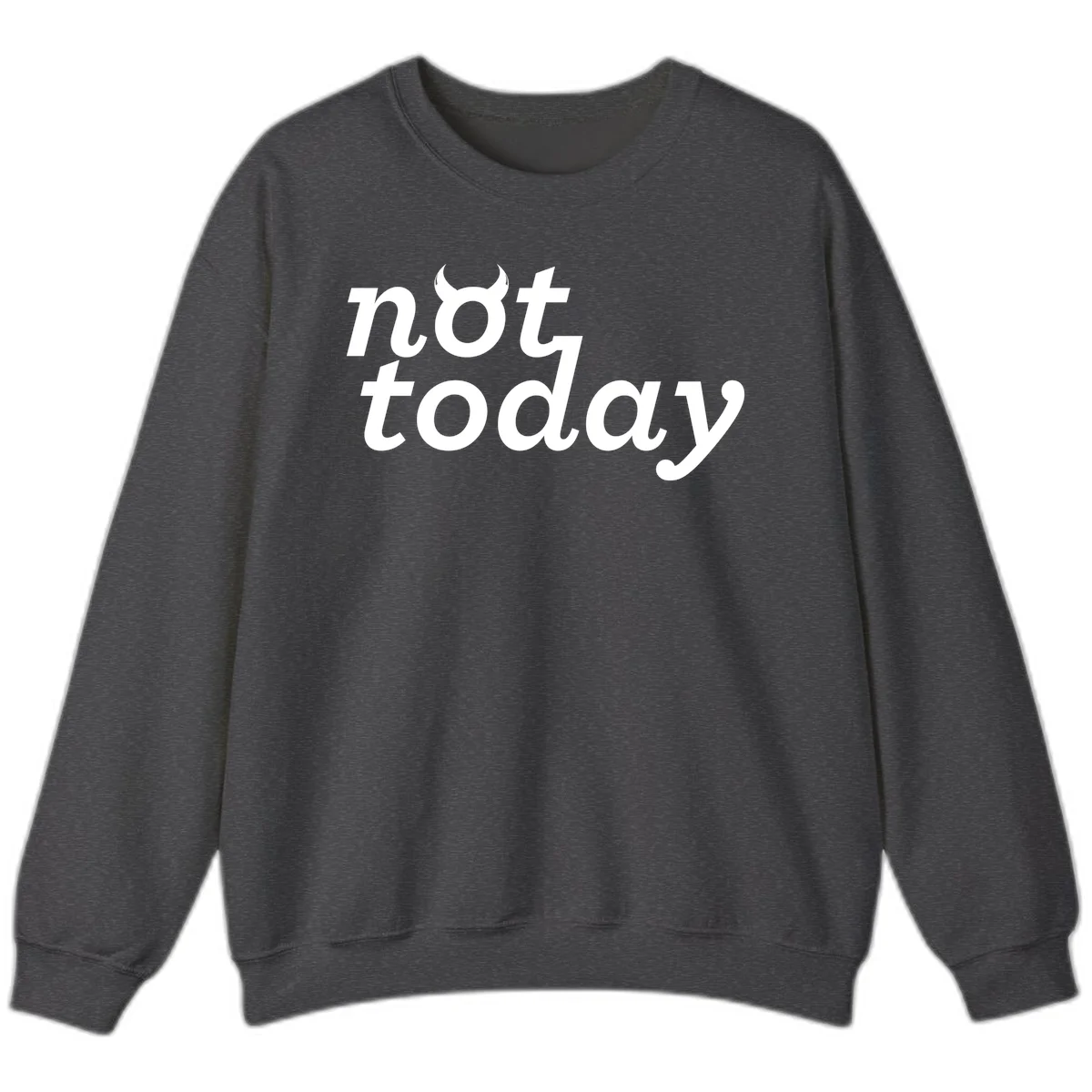 White text reading 'not toddaly' with devil horns above on gray background, playful typography design in Dark Heather