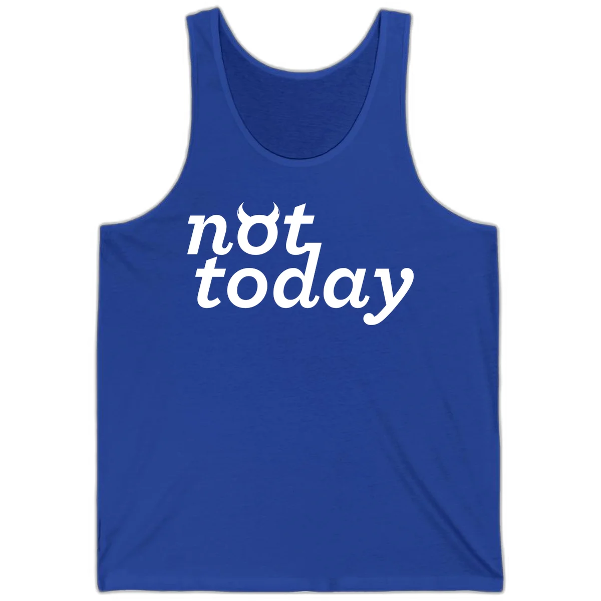 White text reading 'not toddaly' with devil horns above on gray background, playful typography design in True Royal