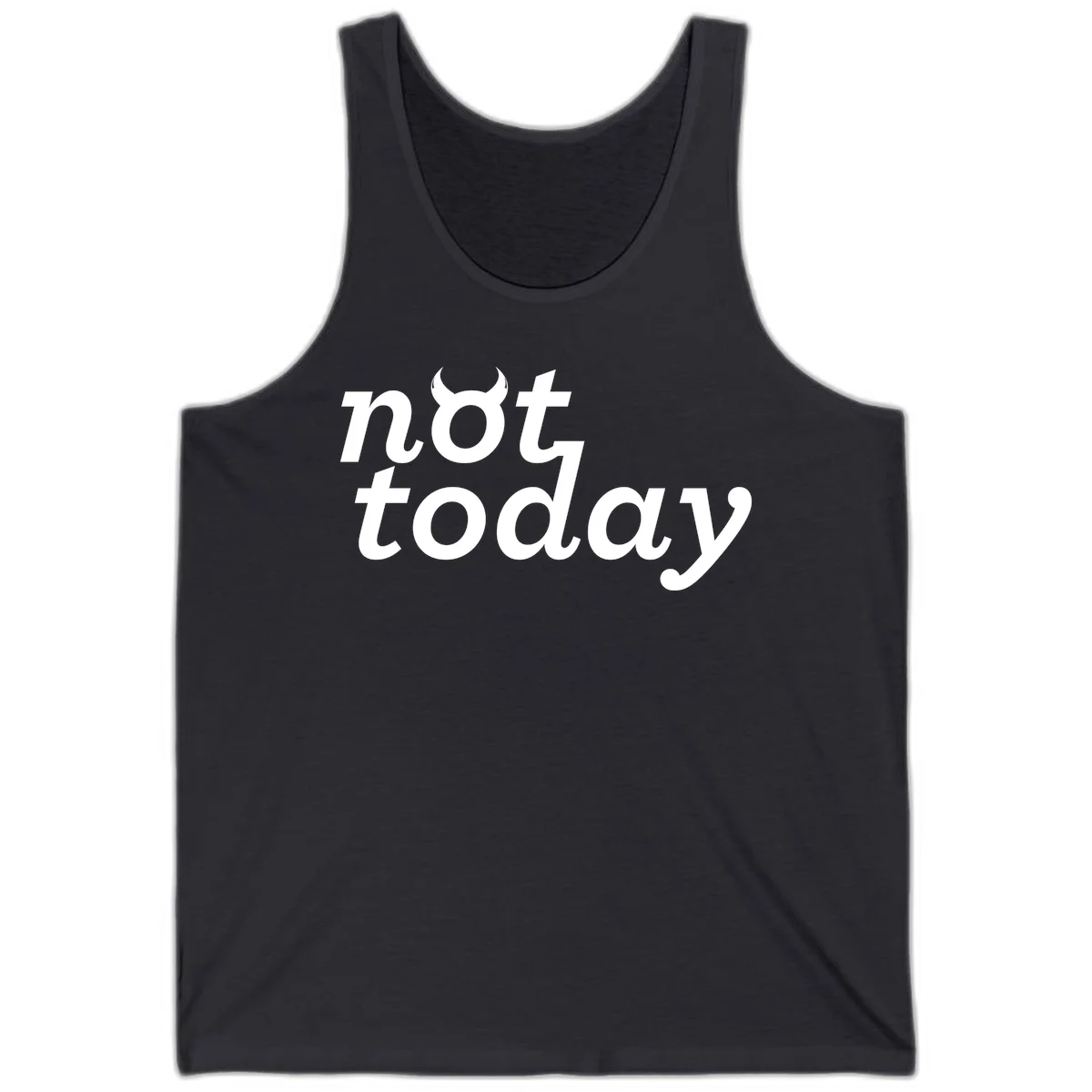 White text reading 'not toddaly' with devil horns above on gray background, playful typography design in Dark Grey