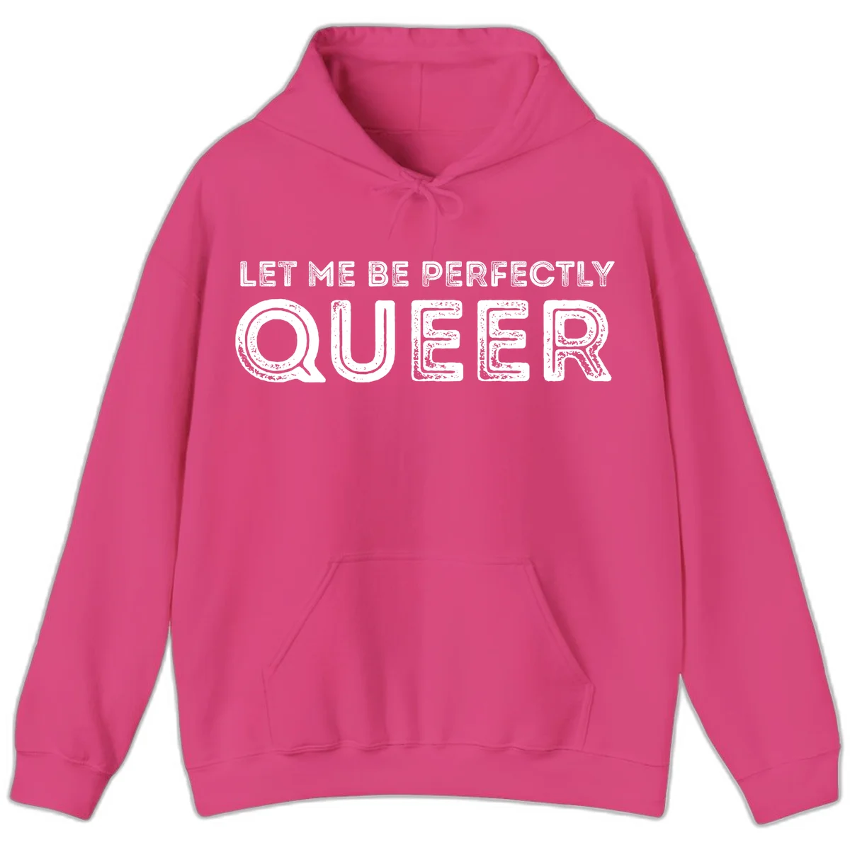 Distressed white typography spelling 'Let Me Be Perfectly Queer' on gray background with grunge texture throughout letters in Heliconia