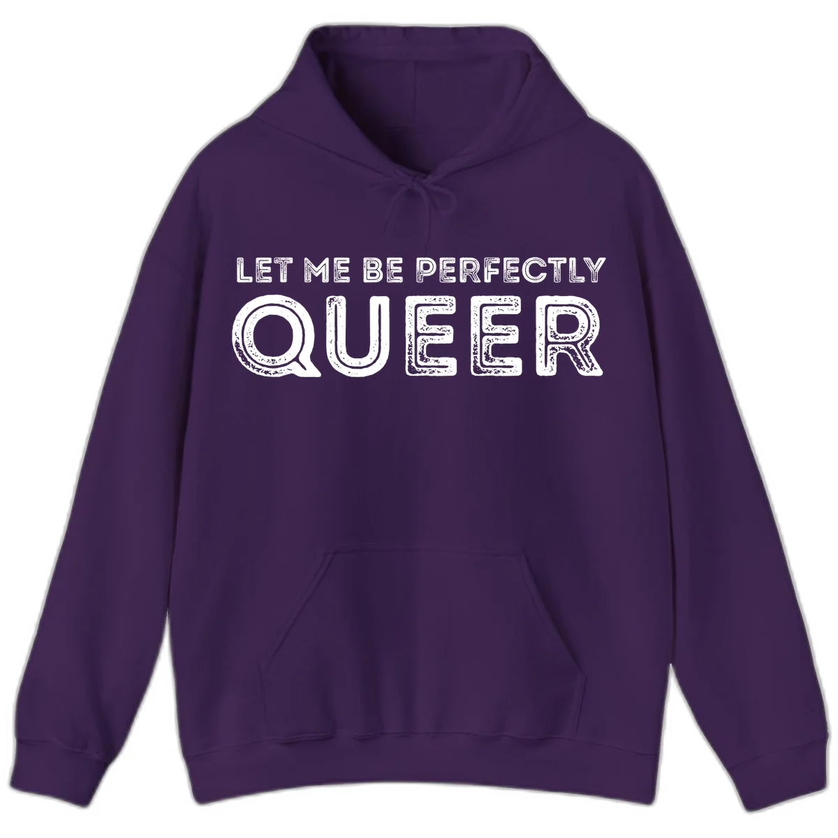 Distressed white typography spelling 'Let Me Be Perfectly Queer' on gray background with grunge texture throughout letters in Purple