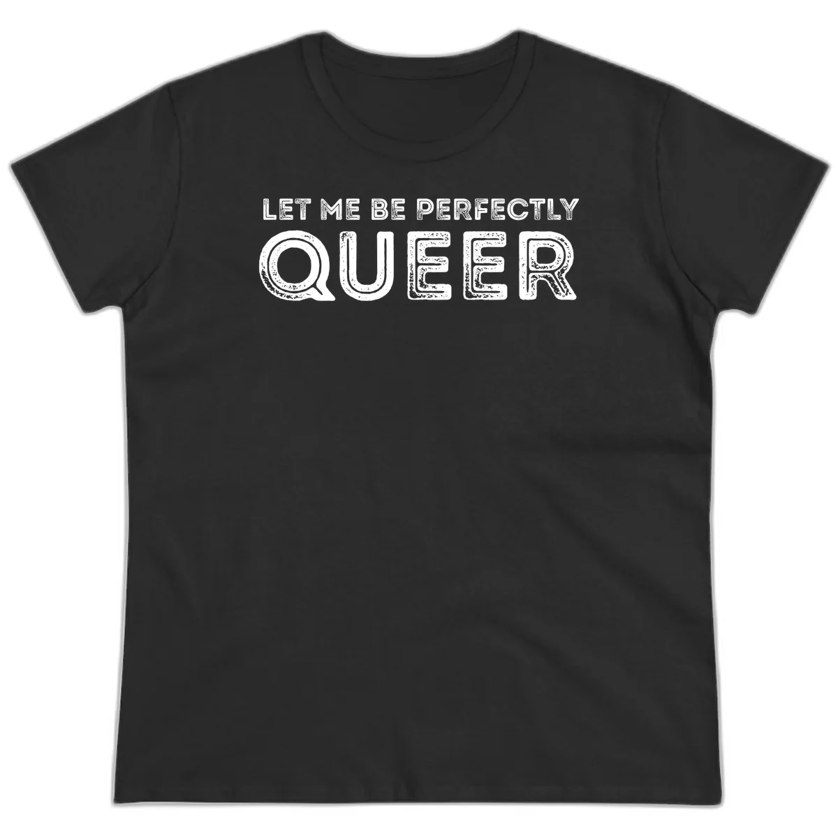 Distressed white typography spelling 'Let Me Be Perfectly Queer' on gray background with grunge texture throughout letters in Black