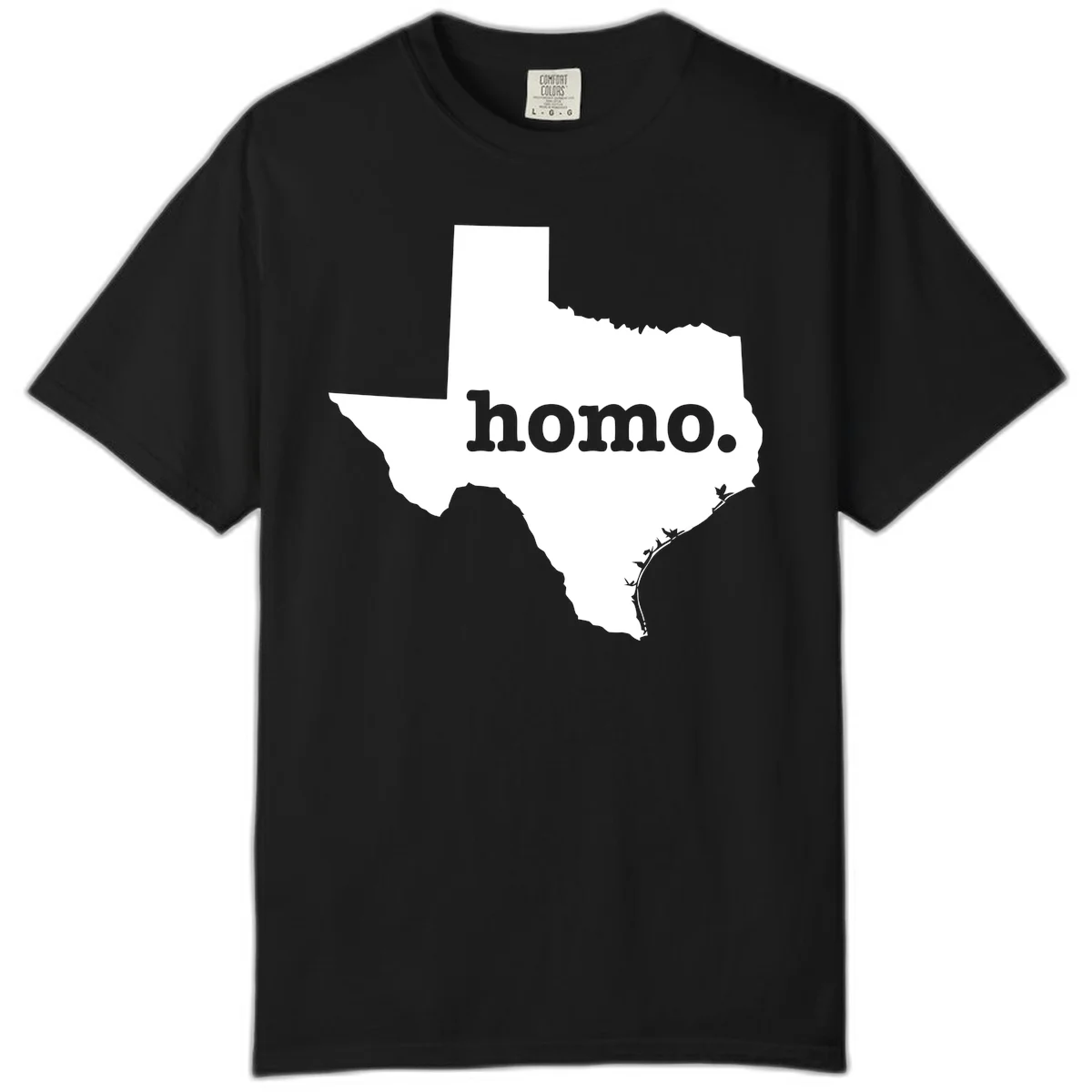 White Texas state silhouette with 'homo.' text overlay on gray background, homo-texas-pride design in Black