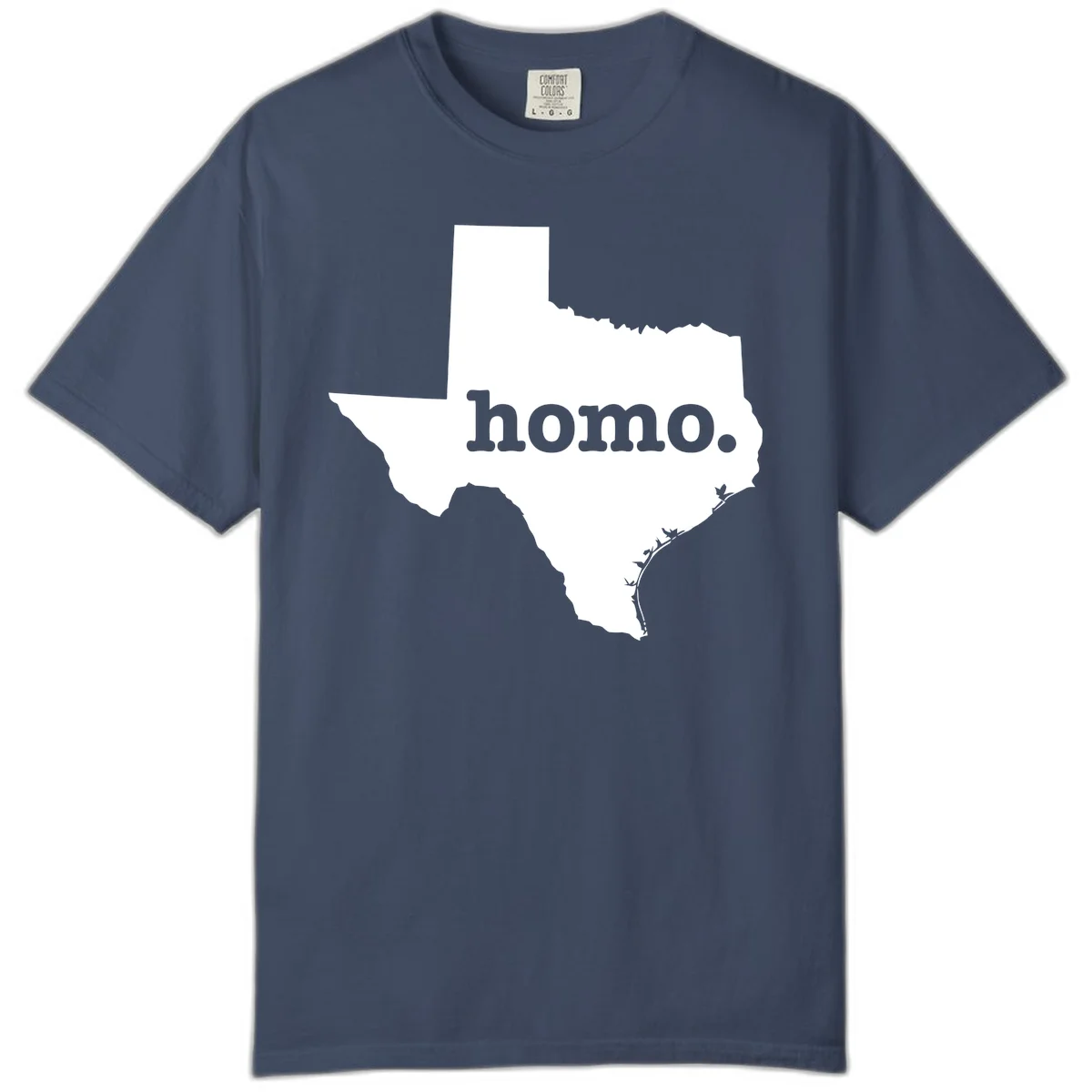 White Texas state silhouette with 'homo.' text overlay on gray background, homo-texas-pride design in Midnight