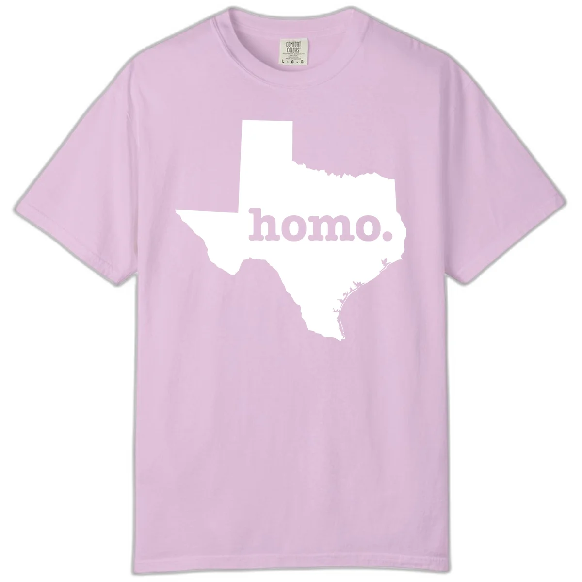 White Texas state silhouette with 'homo.' text overlay on gray background, homo-texas-pride design in Orchid