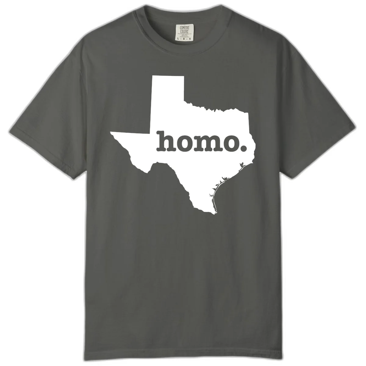 White Texas state silhouette with 'homo.' text overlay on gray background, homo-texas-pride design in Pepper
