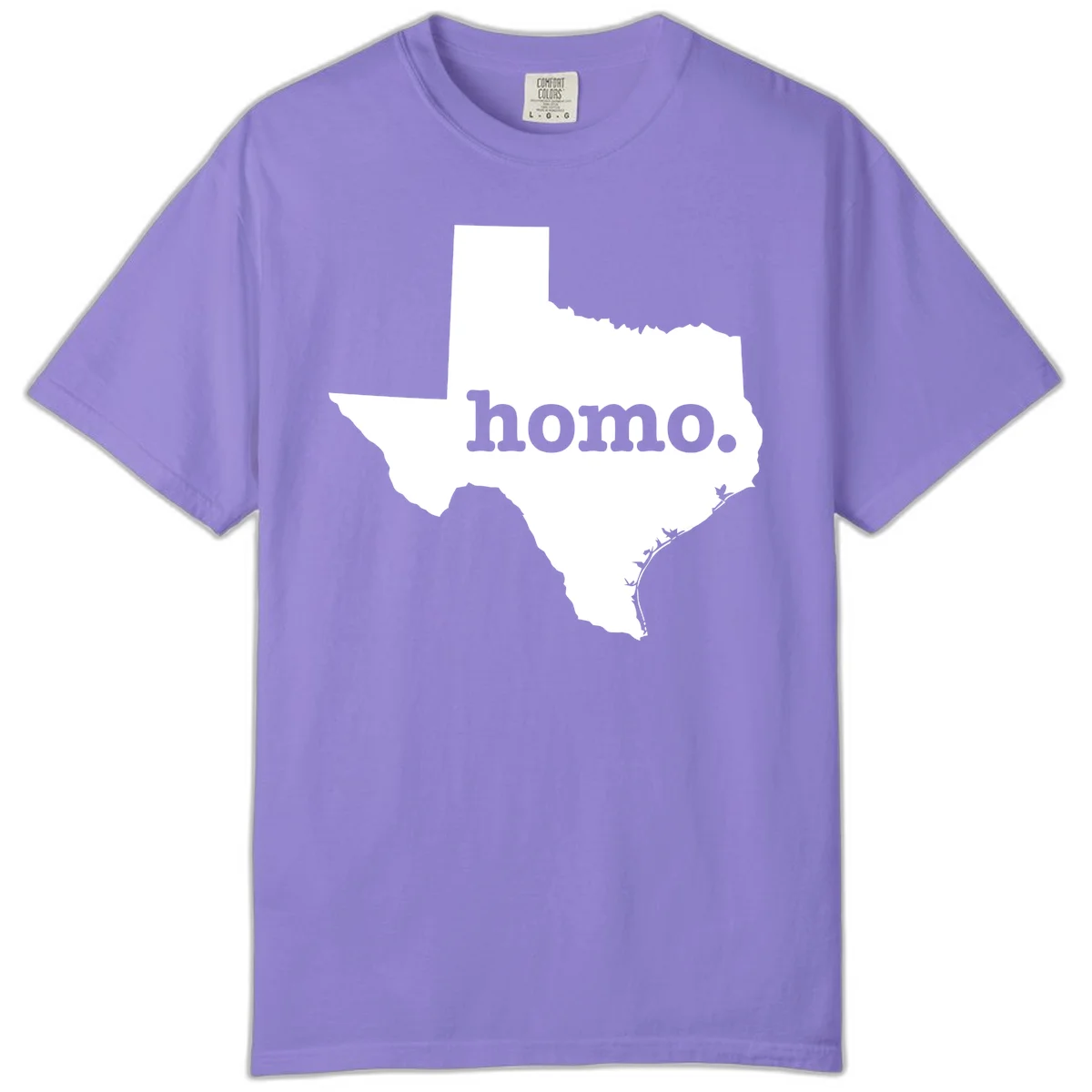 White Texas state silhouette with 'homo.' text overlay on gray background, homo-texas-pride design in Violet