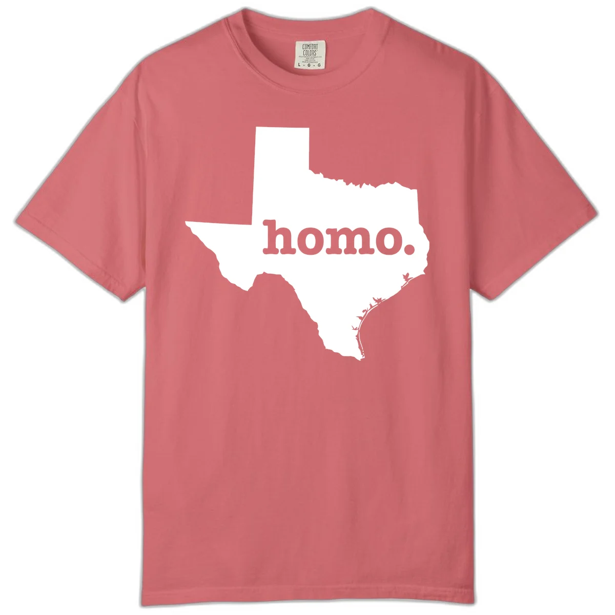 White Texas state silhouette with 'homo.' text overlay on gray background, homo-texas-pride design in Watermelon