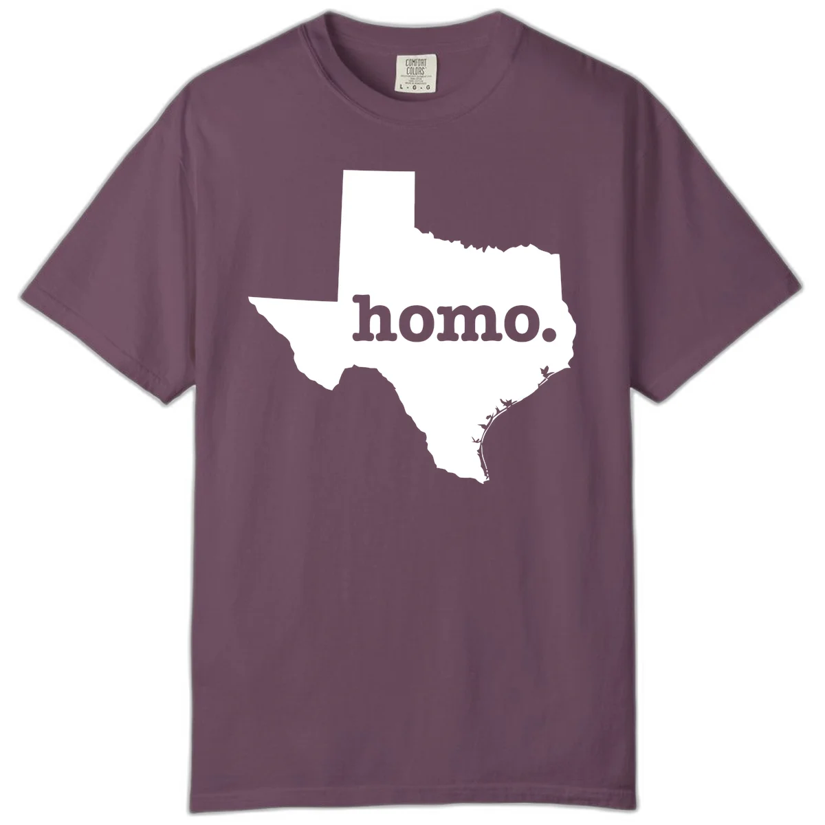 White Texas state silhouette with 'homo.' text overlay on gray background, homo-texas-pride design in Berry