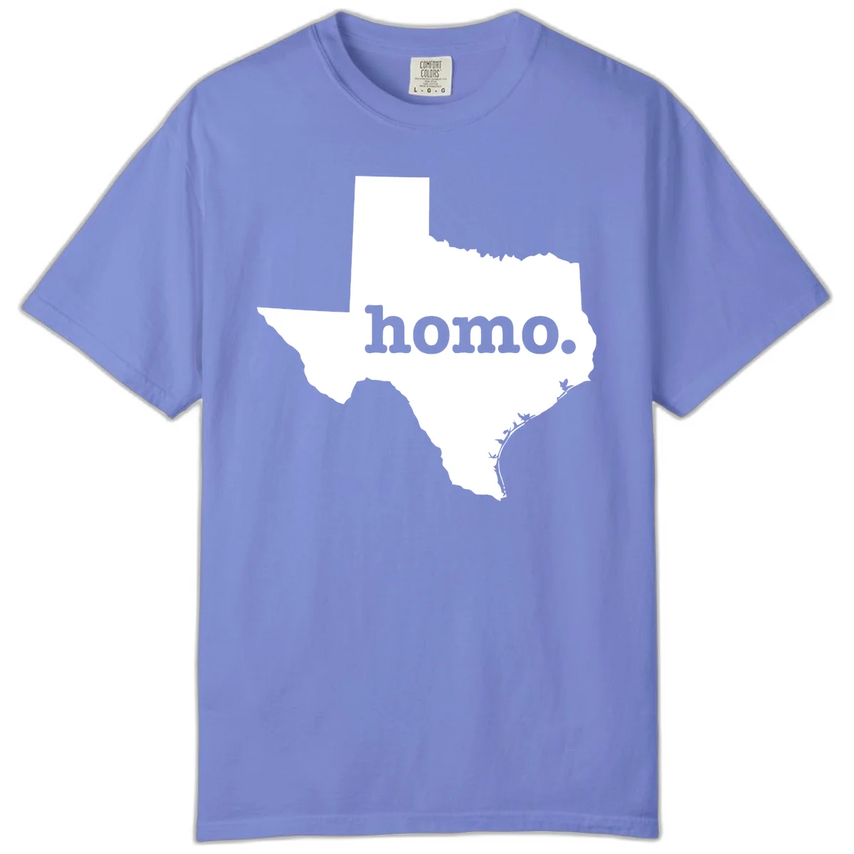 White Texas state silhouette with 'homo.' text overlay on gray background, homo-texas-pride design in Flo Blue