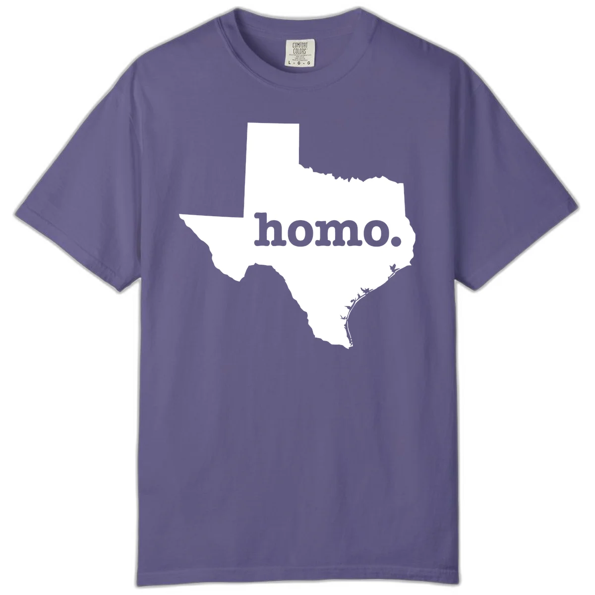 White Texas state silhouette with 'homo.' text overlay on gray background, homo-texas-pride design in Grape