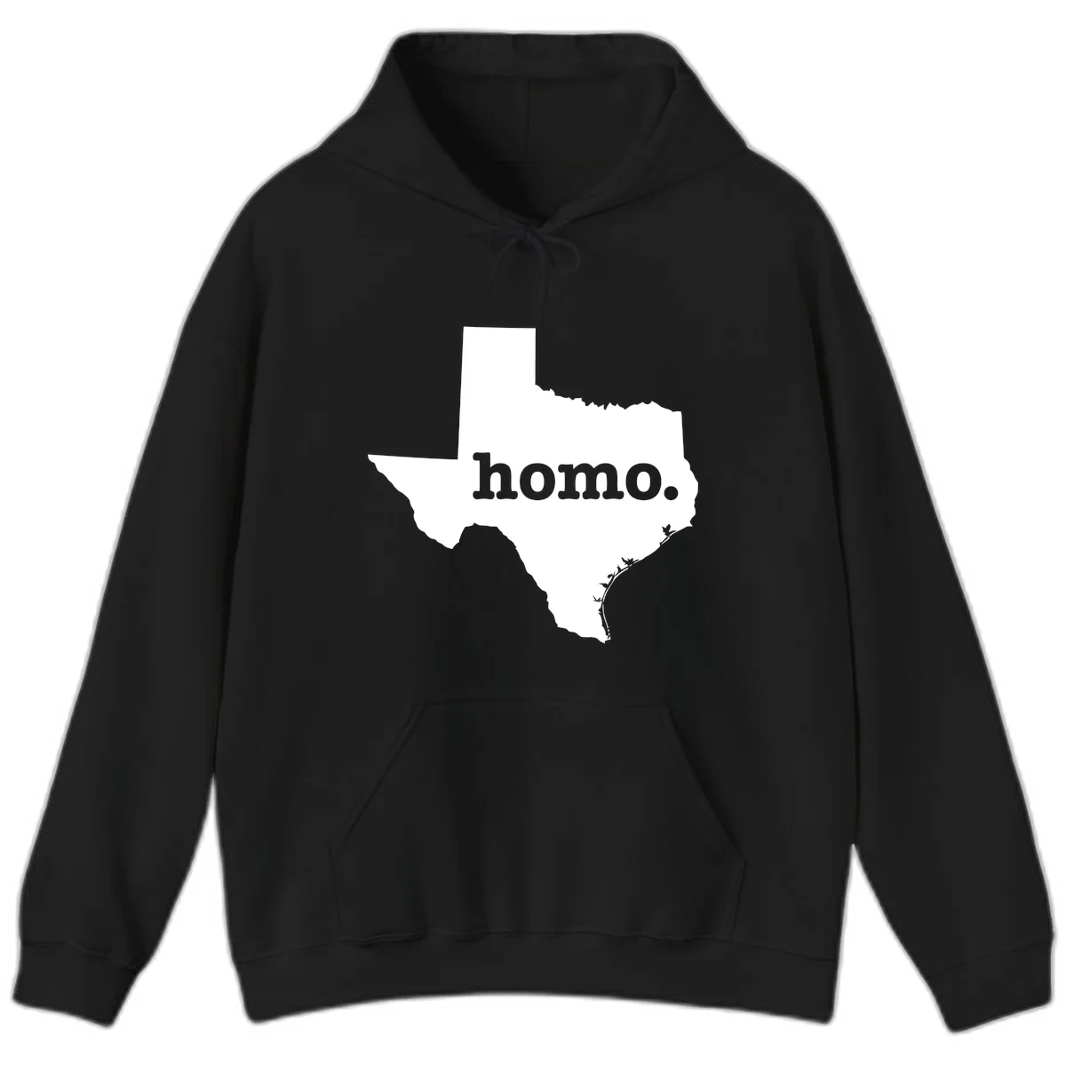 White Texas state silhouette with 'homo.' text overlay on gray background, homo-texas-pride design in Black
