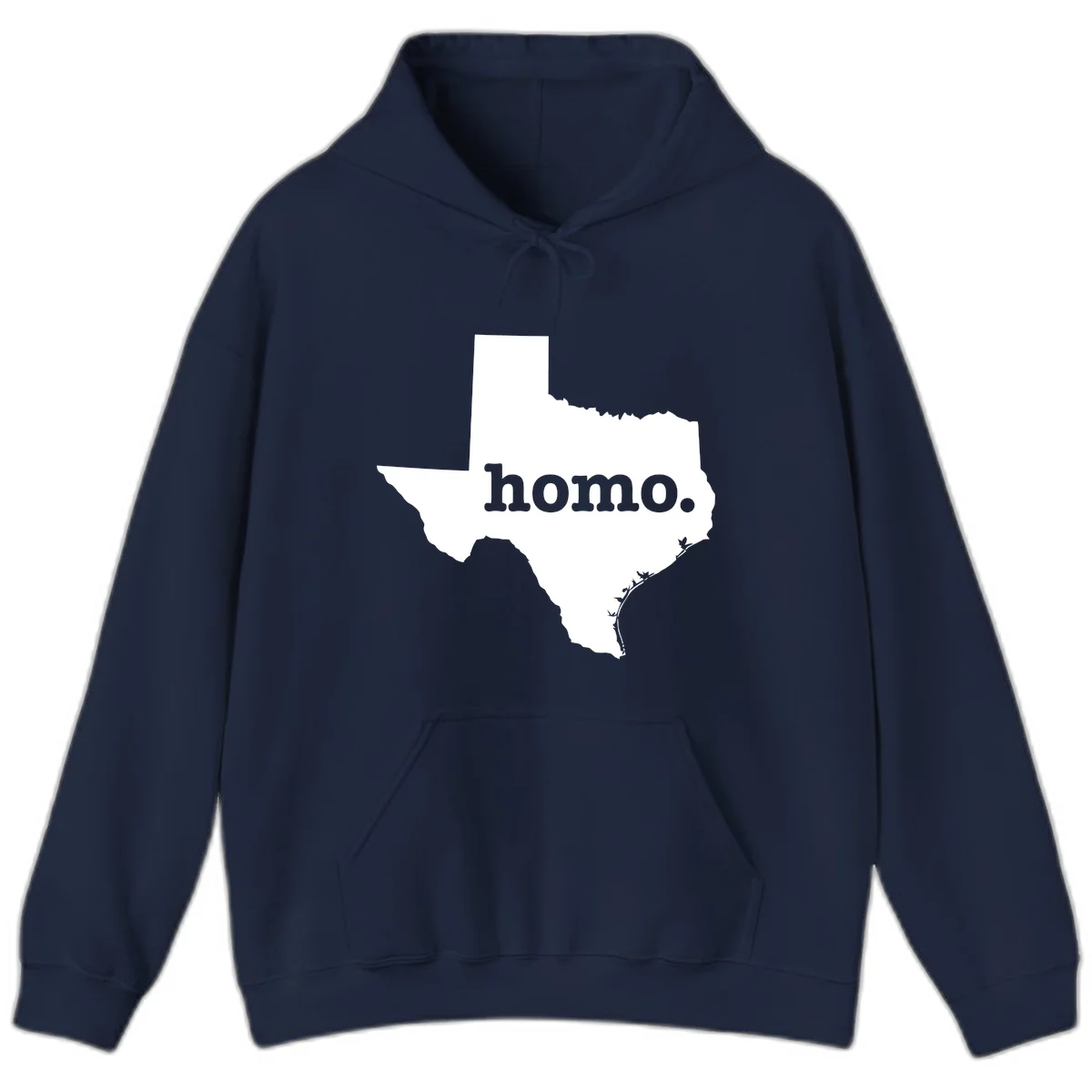 White Texas state silhouette with 'homo.' text overlay on gray background, homo-texas-pride design in Navy