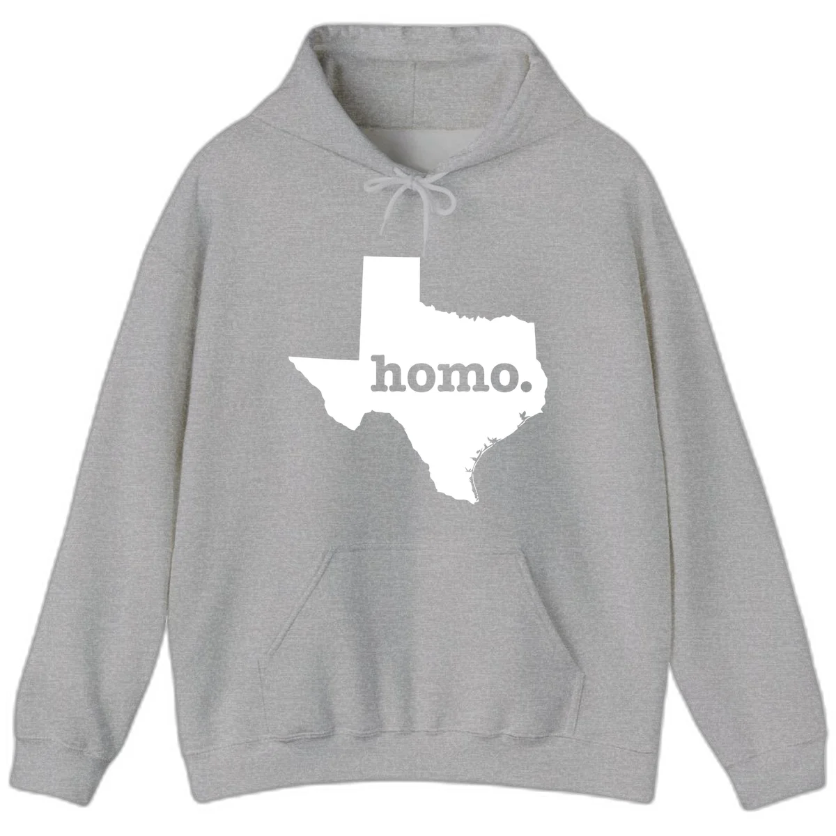 White Texas state silhouette with 'homo.' text overlay on gray background, homo-texas-pride design in Sport Grey