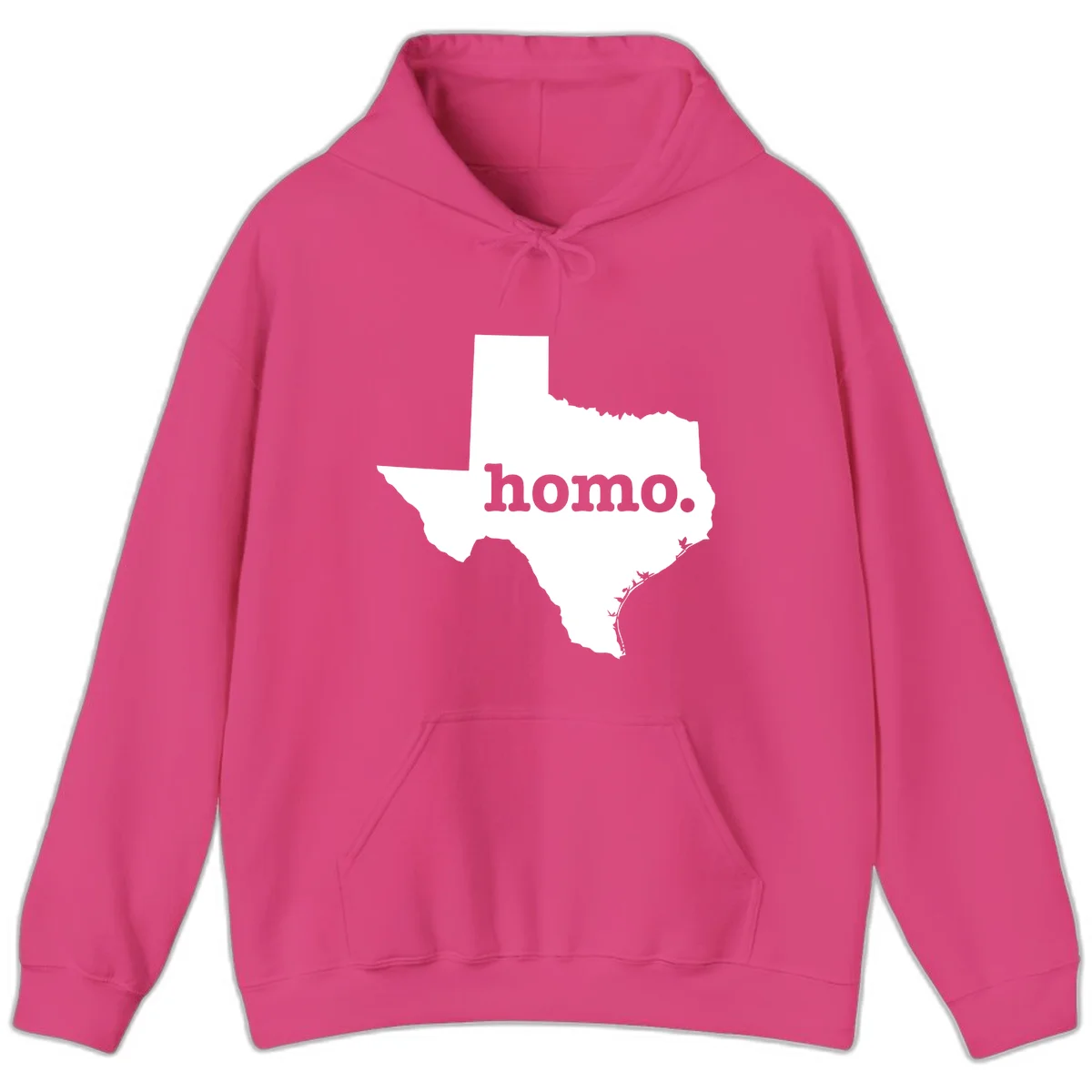 White Texas state silhouette with 'homo.' text overlay on gray background, homo-texas-pride design in Heliconia