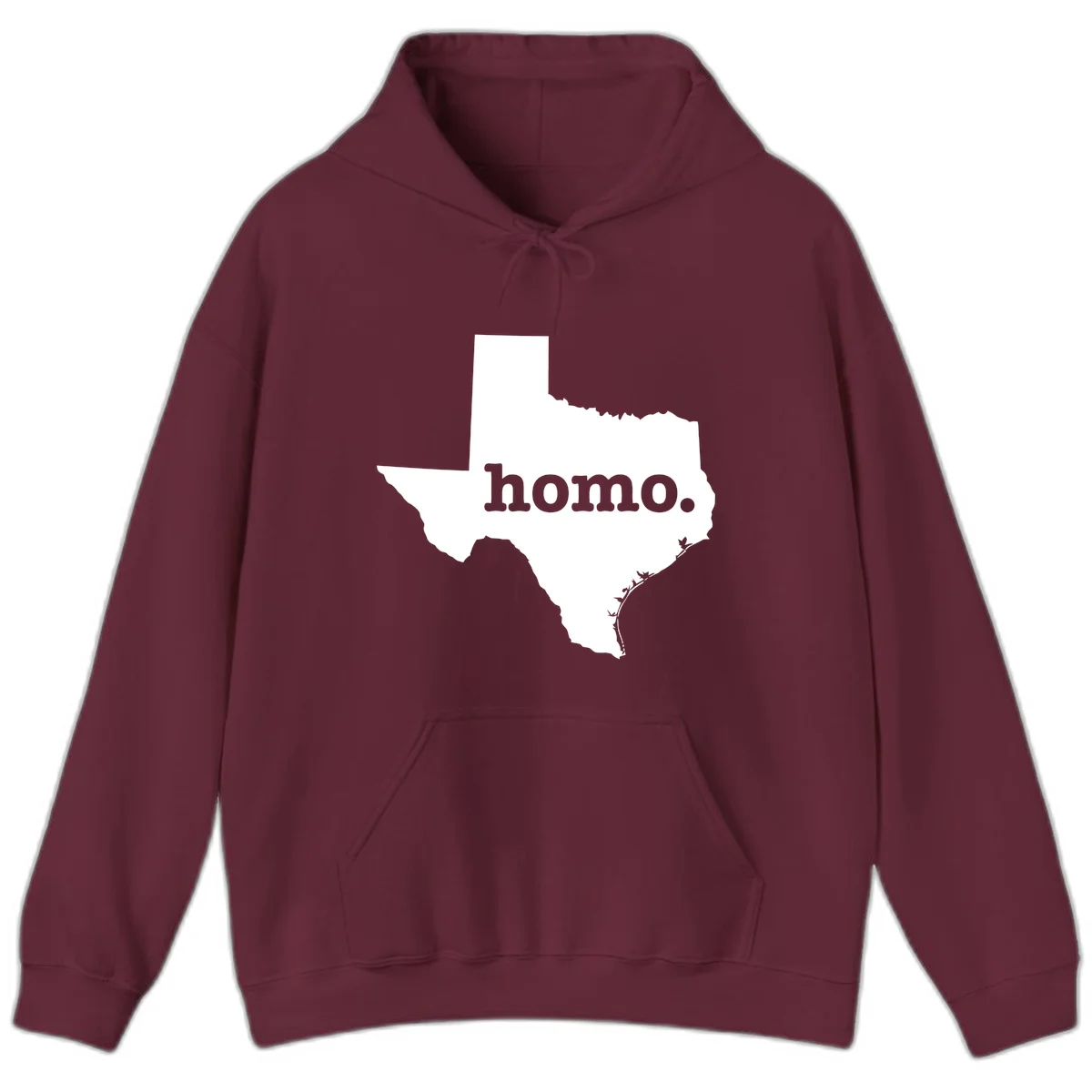 White Texas state silhouette with 'homo.' text overlay on gray background, homo-texas-pride design in Maroon