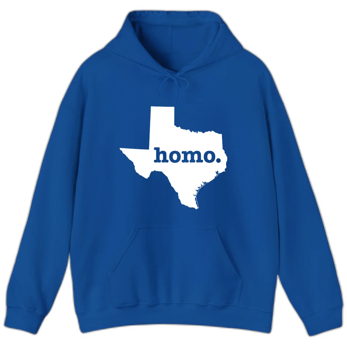 White Texas state silhouette with 'homo.' text overlay on gray background, homo-texas-pride design in Royal