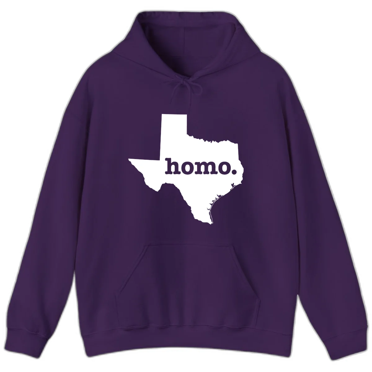 White Texas state silhouette with 'homo.' text overlay on gray background, homo-texas-pride design in Purple