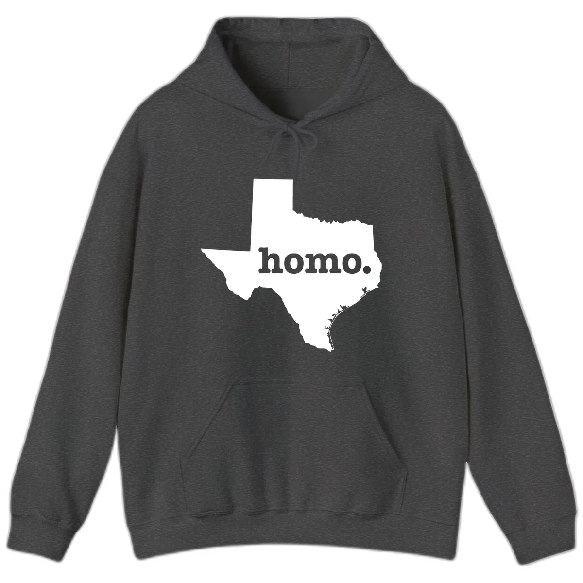 White Texas state silhouette with 'homo.' text overlay on gray background, homo-texas-pride design in Dark Heather