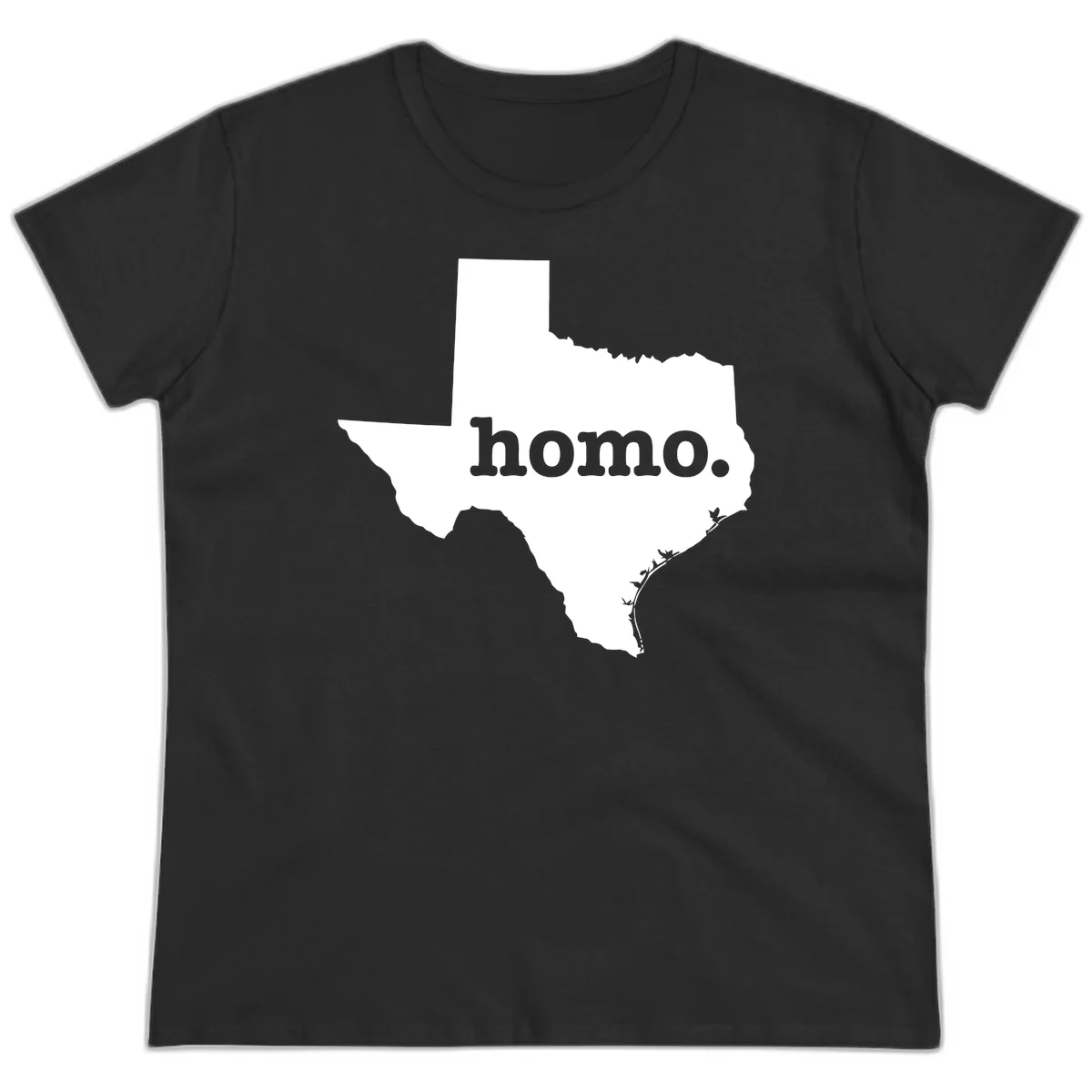 White Texas state silhouette with 'homo.' text overlay on gray background, homo-texas-pride design in Black