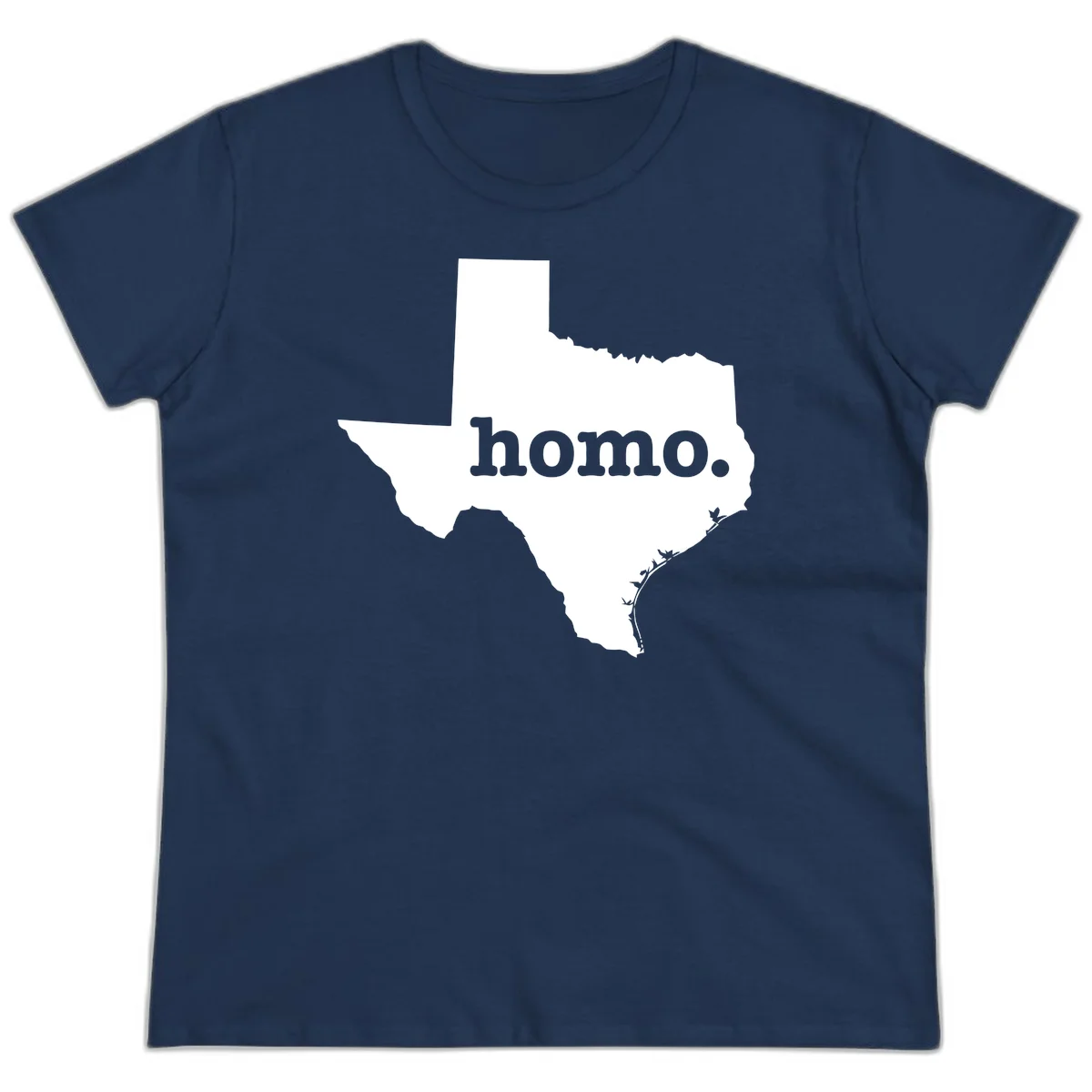 White Texas state silhouette with 'homo.' text overlay on gray background, homo-texas-pride design in Navy