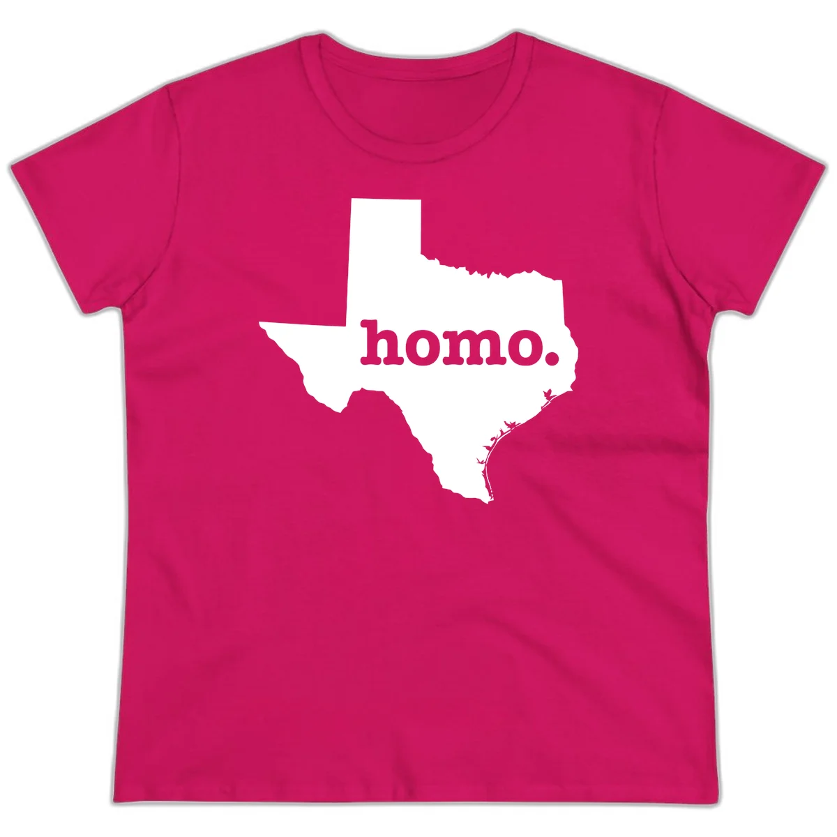 White Texas state silhouette with 'homo.' text overlay on gray background, homo-texas-pride design in Heliconia