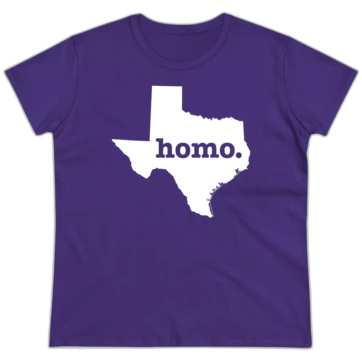 White Texas state silhouette with 'homo.' text overlay on gray background, homo-texas-pride design in Purple