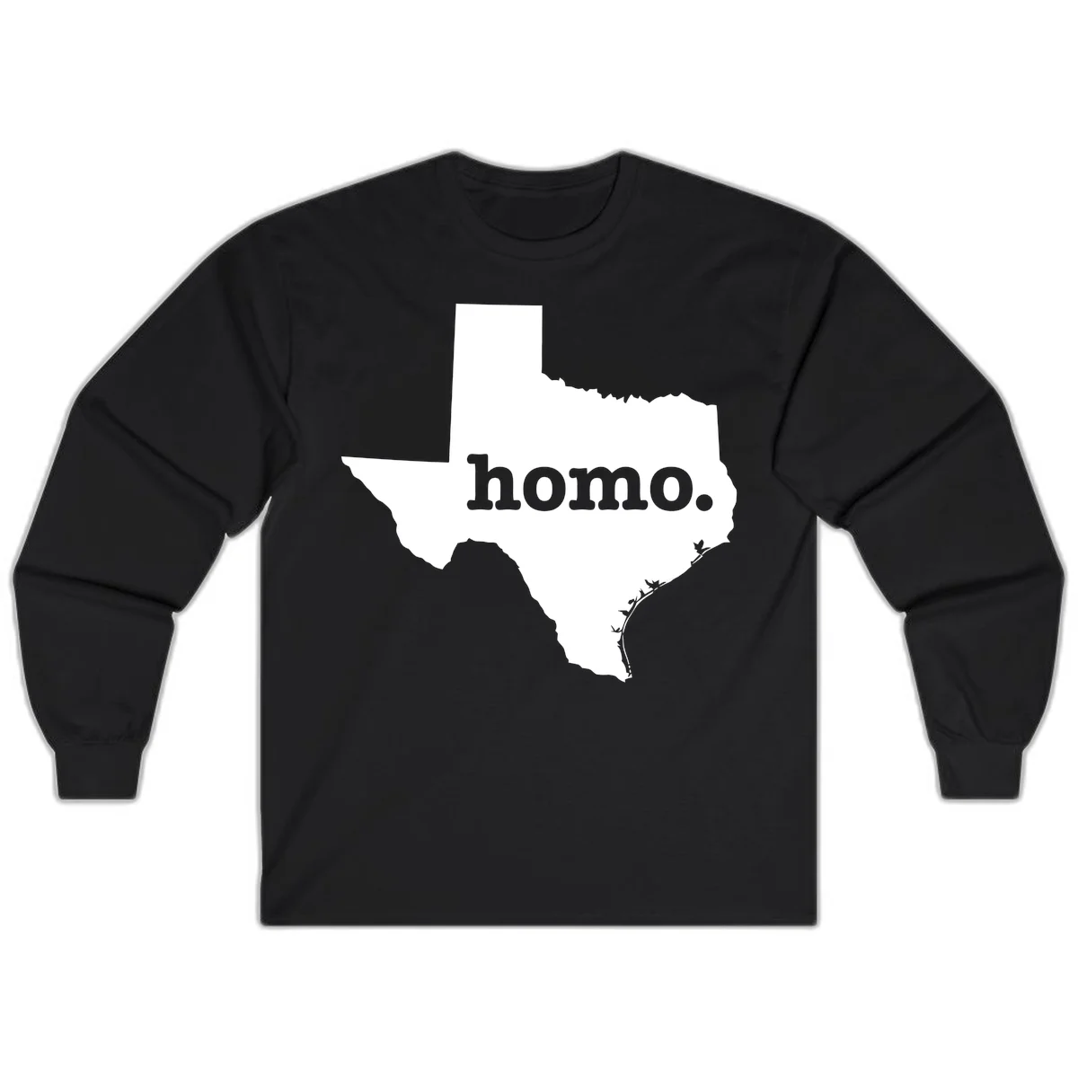 White Texas state silhouette with 'homo.' text overlay on gray background, homo-texas-pride design in Black