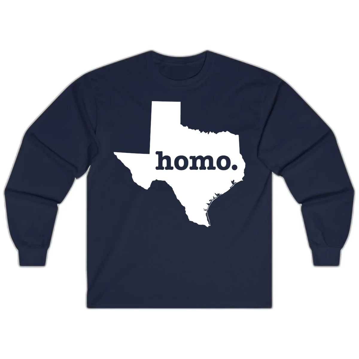 White Texas state silhouette with 'homo.' text overlay on gray background, homo-texas-pride design in Navy