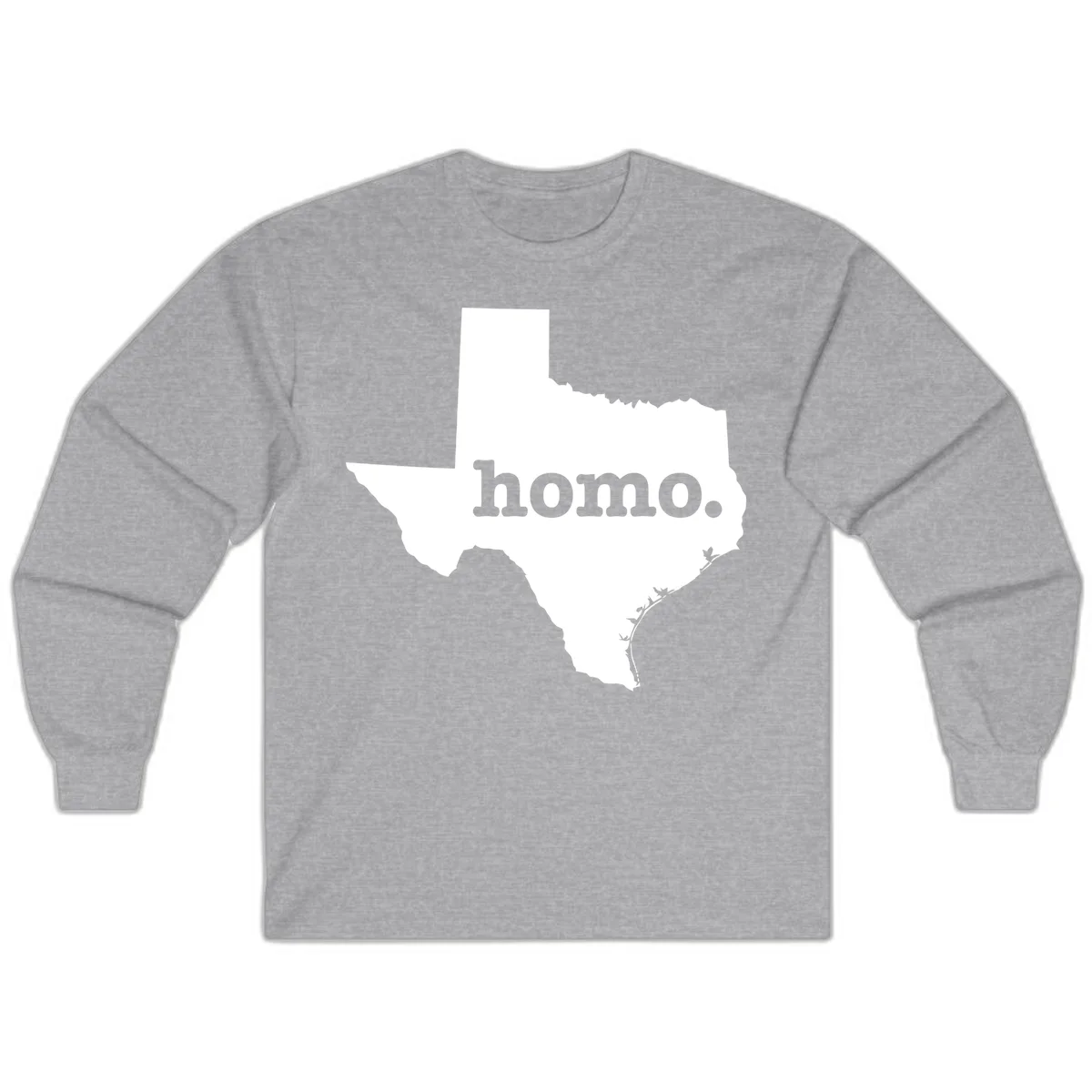 White Texas state silhouette with 'homo.' text overlay on gray background, homo-texas-pride design in Sport Grey