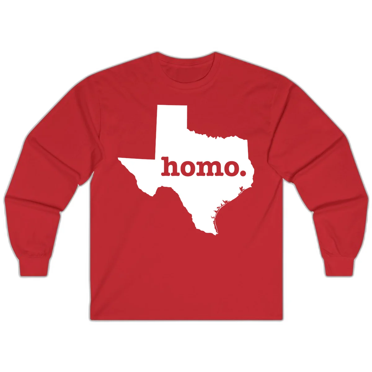 White Texas state silhouette with 'homo.' text overlay on gray background, homo-texas-pride design in Red