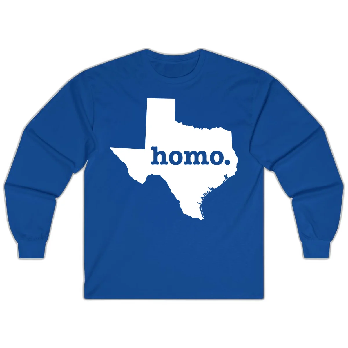 White Texas state silhouette with 'homo.' text overlay on gray background, homo-texas-pride design in Royal