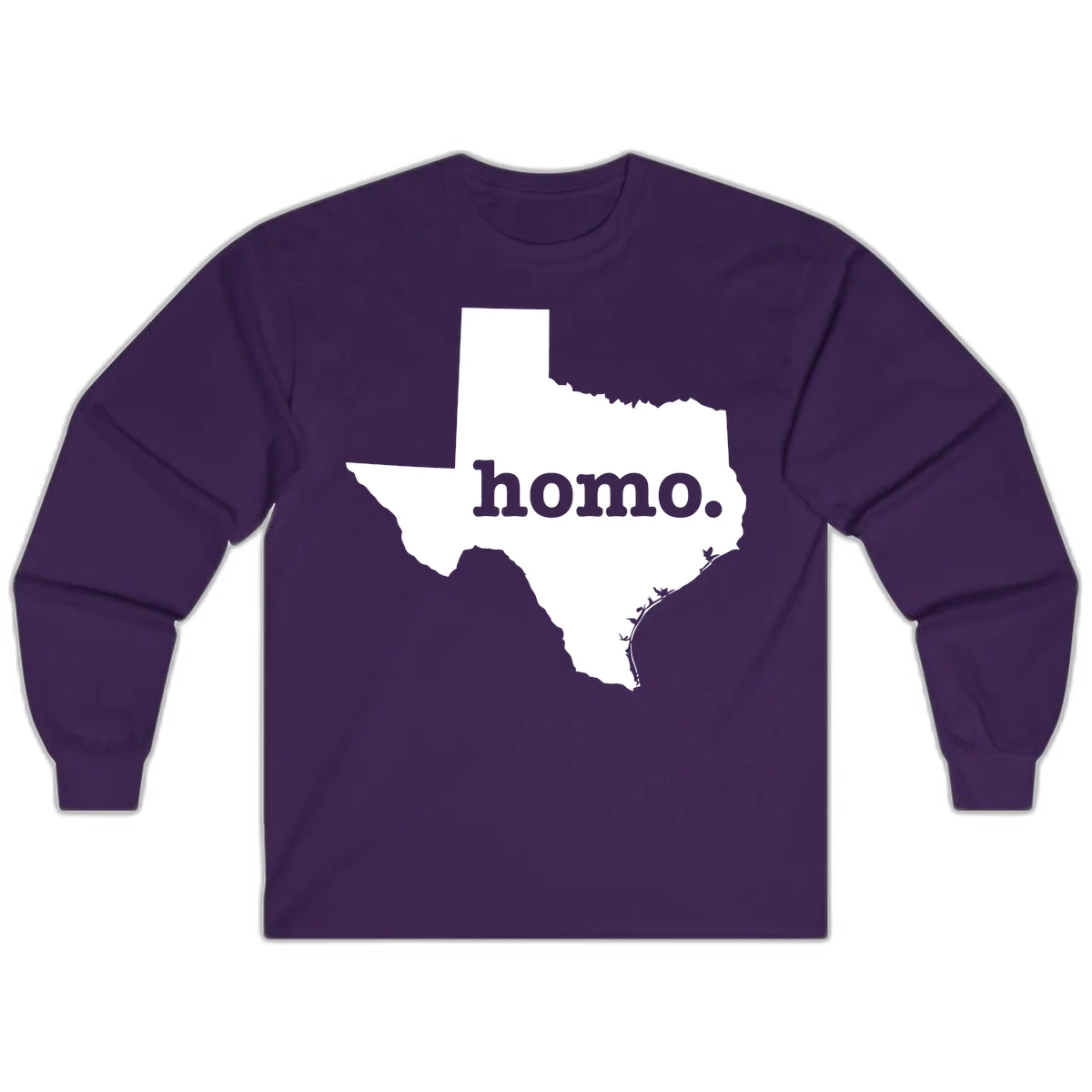 White Texas state silhouette with 'homo.' text overlay on gray background, homo-texas-pride design in Purple