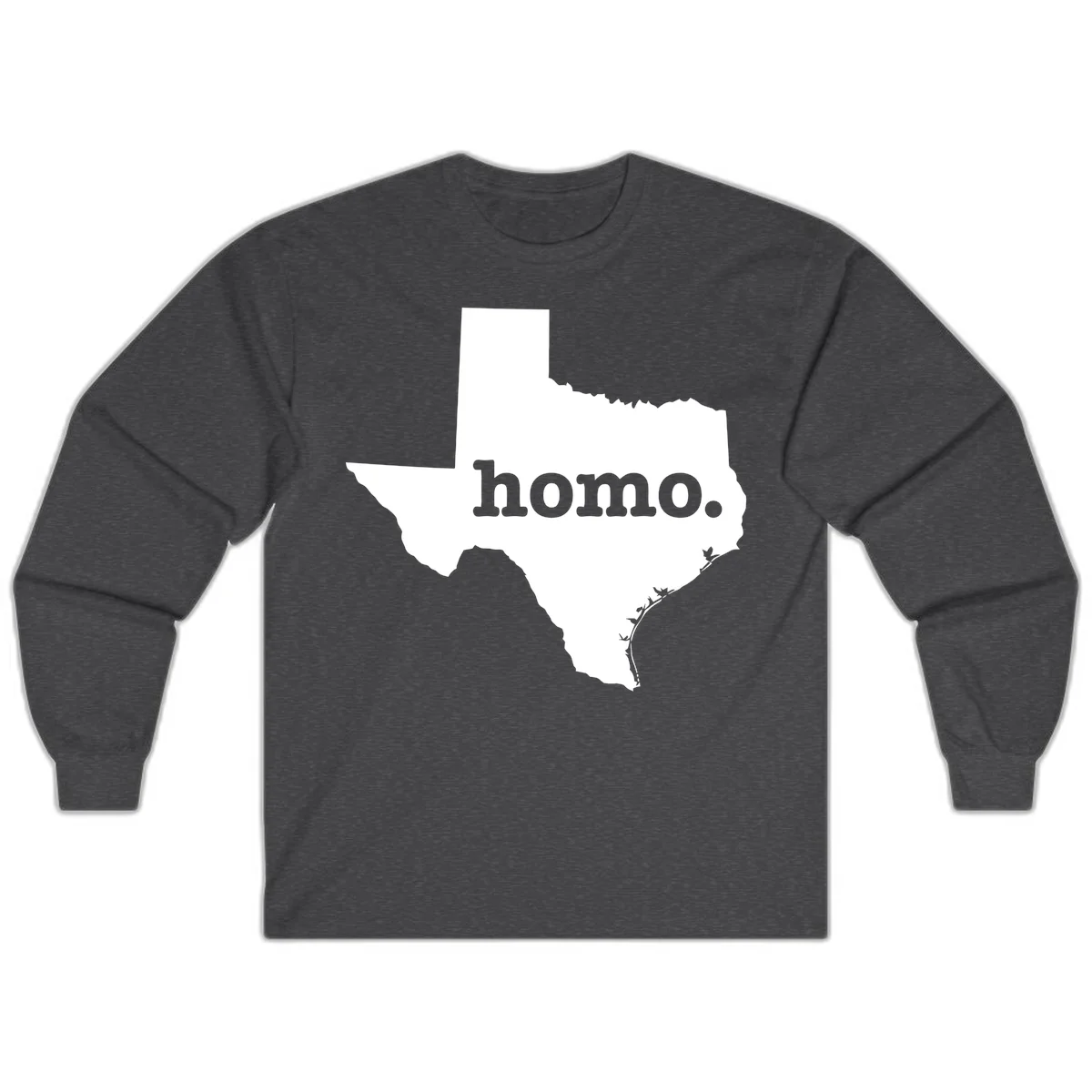 White Texas state silhouette with 'homo.' text overlay on gray background, homo-texas-pride design in Dark Heather