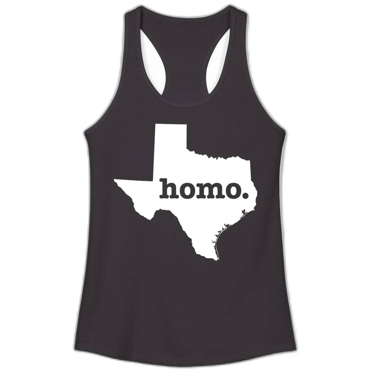 White Texas state silhouette with 'homo.' text overlay on gray background, homo-texas-pride design in Black