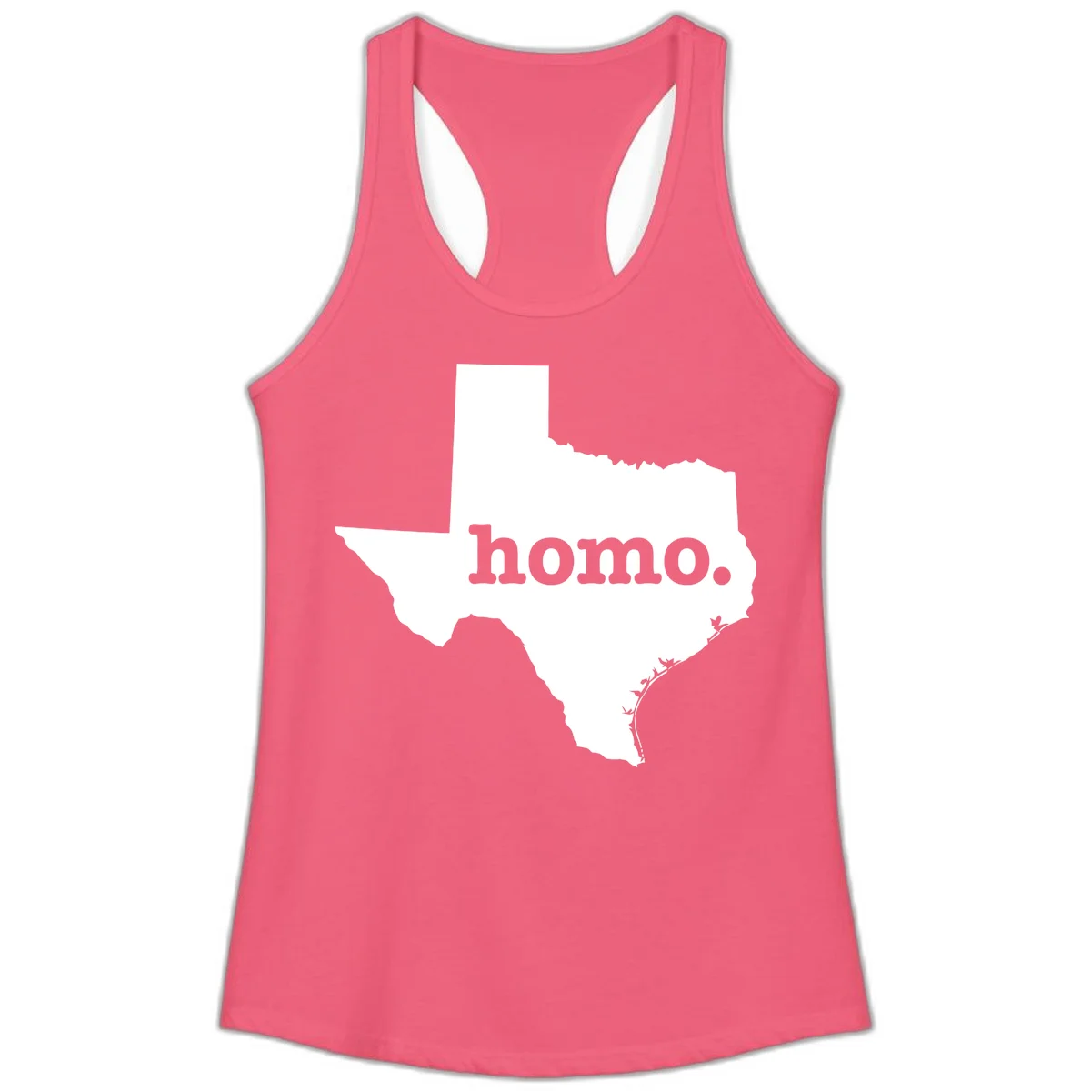 White Texas state silhouette with 'homo.' text overlay on gray background, homo-texas-pride design in Hot Pink